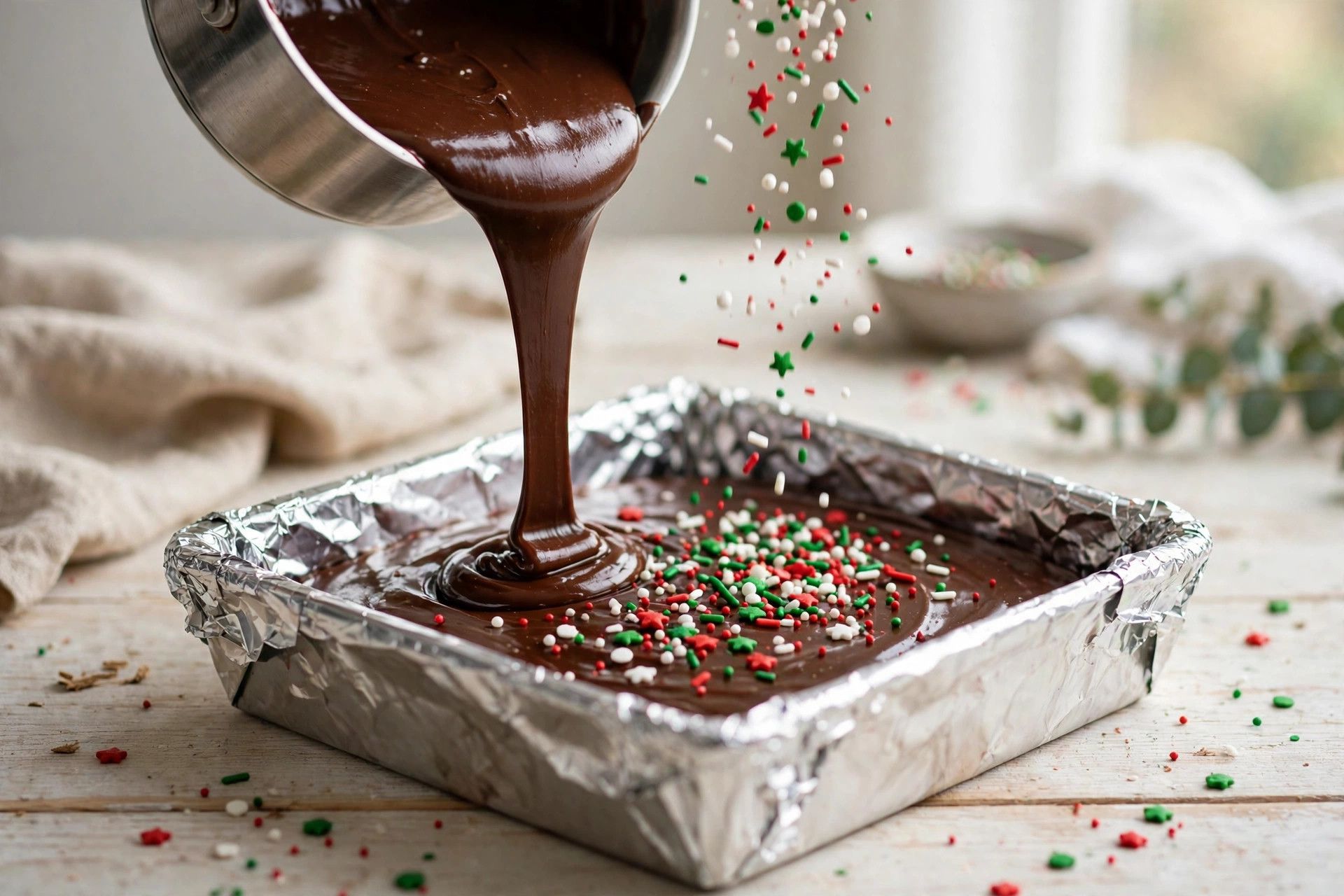 Pouring smooth chocolate fudge into a foil lined square pan and scattering holiday sprinkles on top