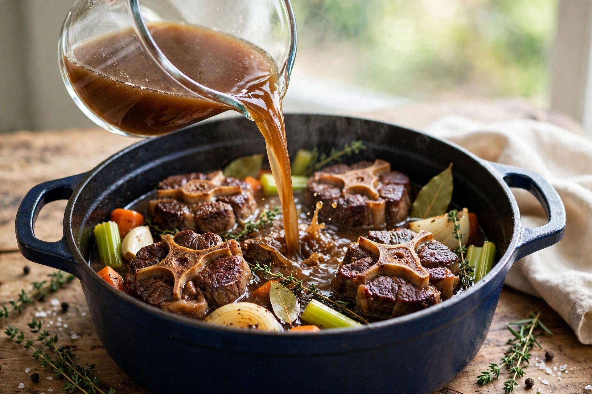 Beef broth being poured from a glass measuring cup over seared oxtails and vegetables in a Dutch oven