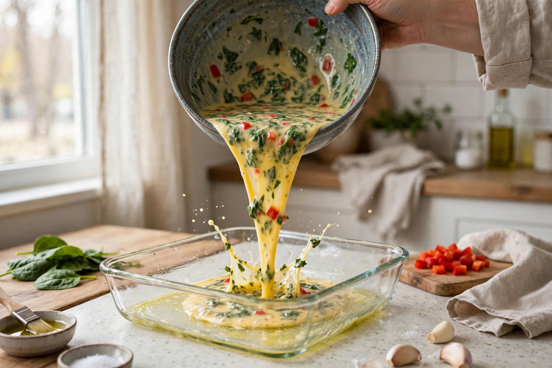 Pouring the egg and cottage cheese mixture with vegetables into a greased square baking dish