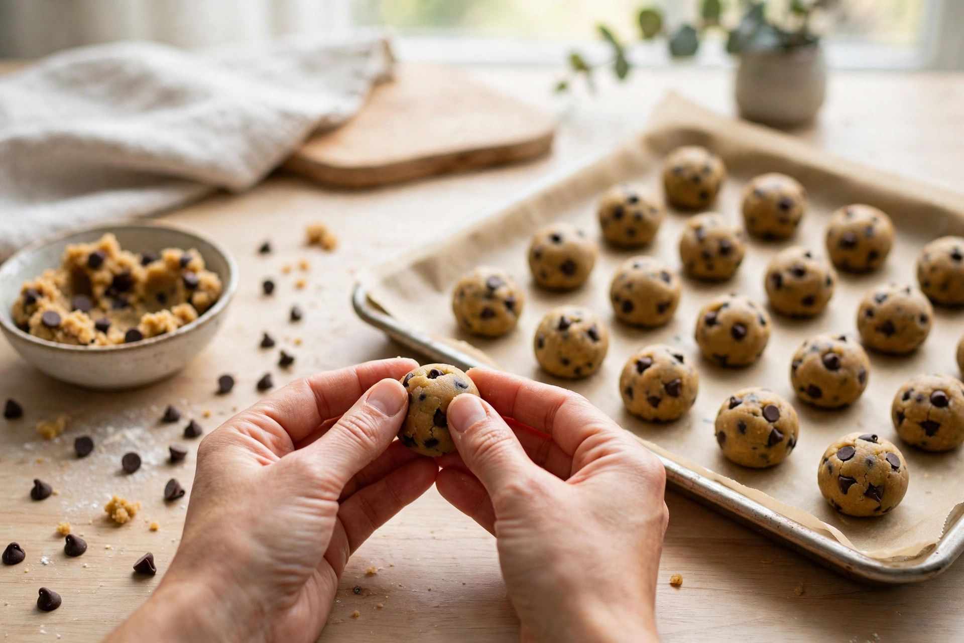 Rolling small cottage cheese cookie dough balls by hand and lining them on a parchment lined baking sheet