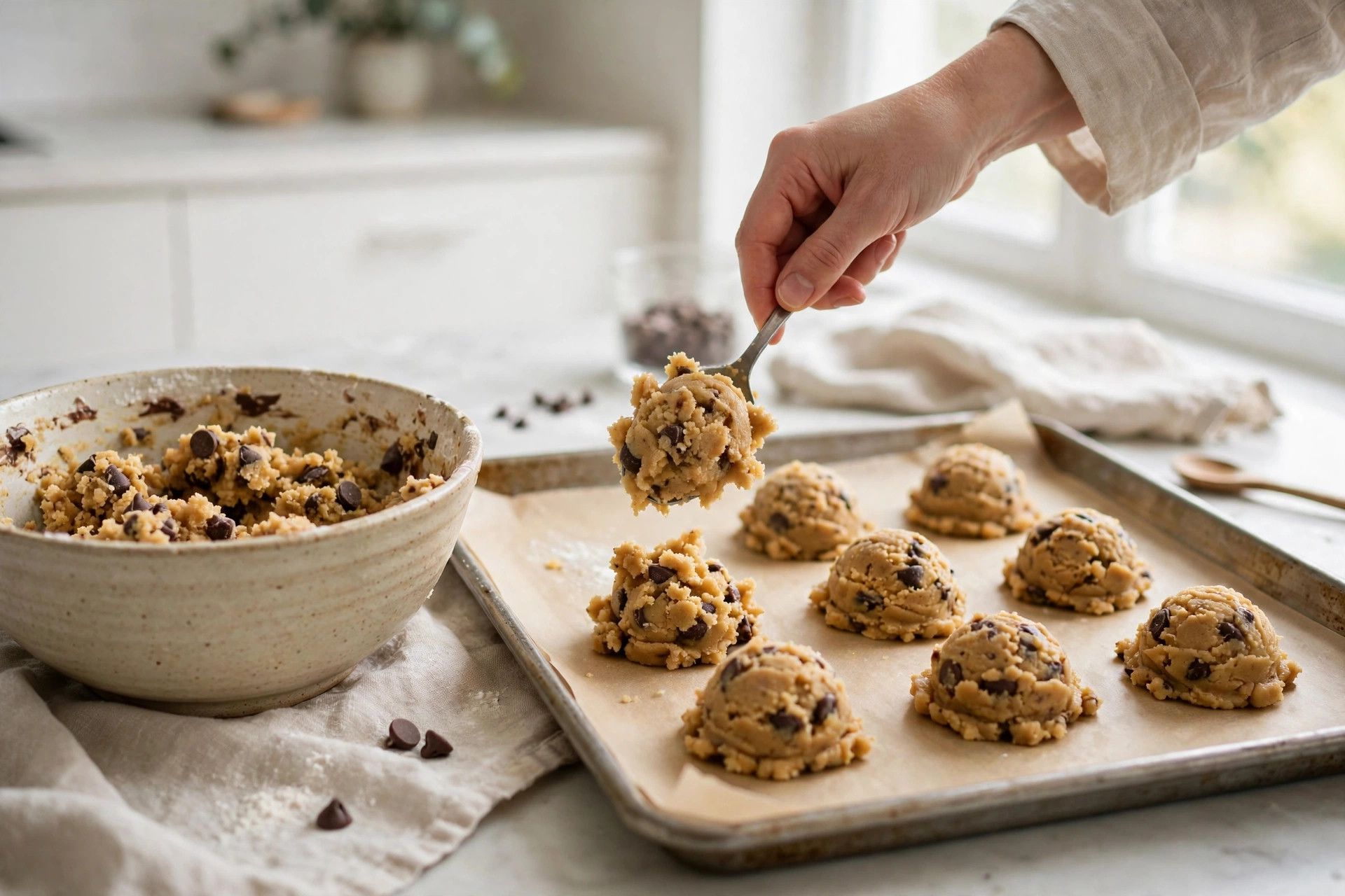 Scooping cottage cheese protein cookie batter onto a parchment lined baking sheet