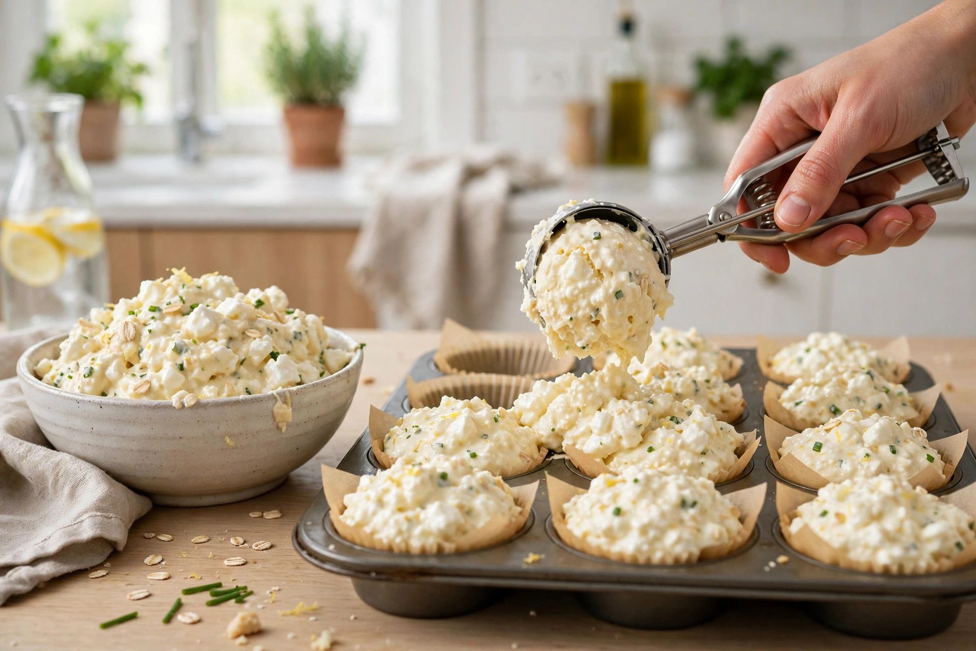 Scooping thick cottage cheese muffin batter into a lined muffin tin with an ice cream scoop