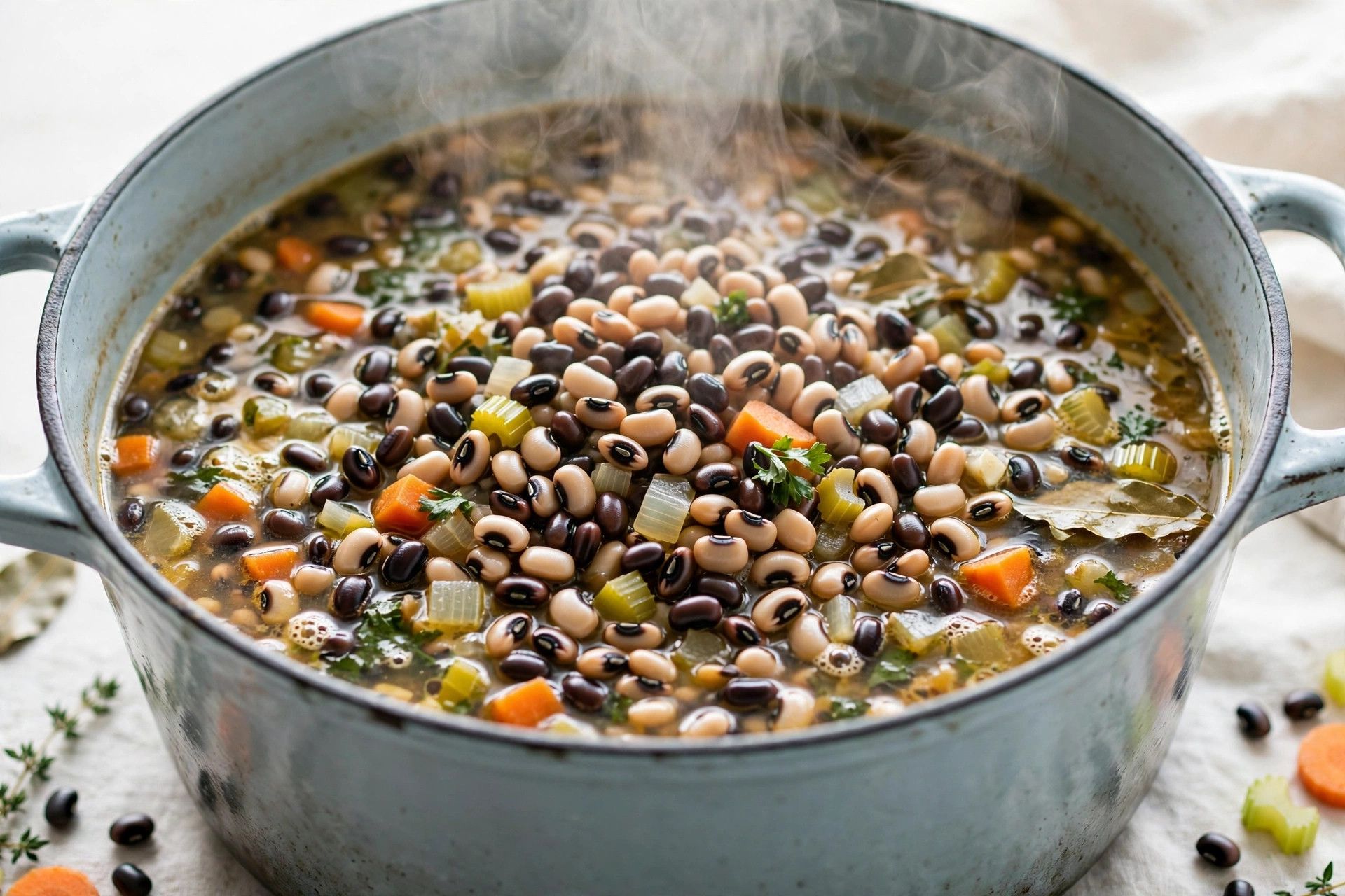 Black eyed peas simmering gently in a large pot with vegetables and broth