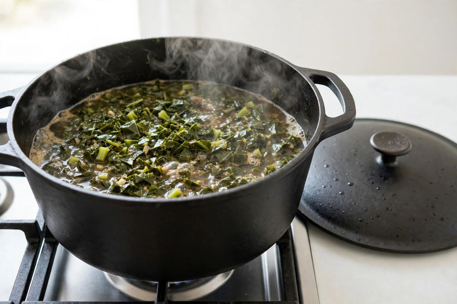 Chopped collard greens simmering down in broth in a large covered pot, with steam rising
