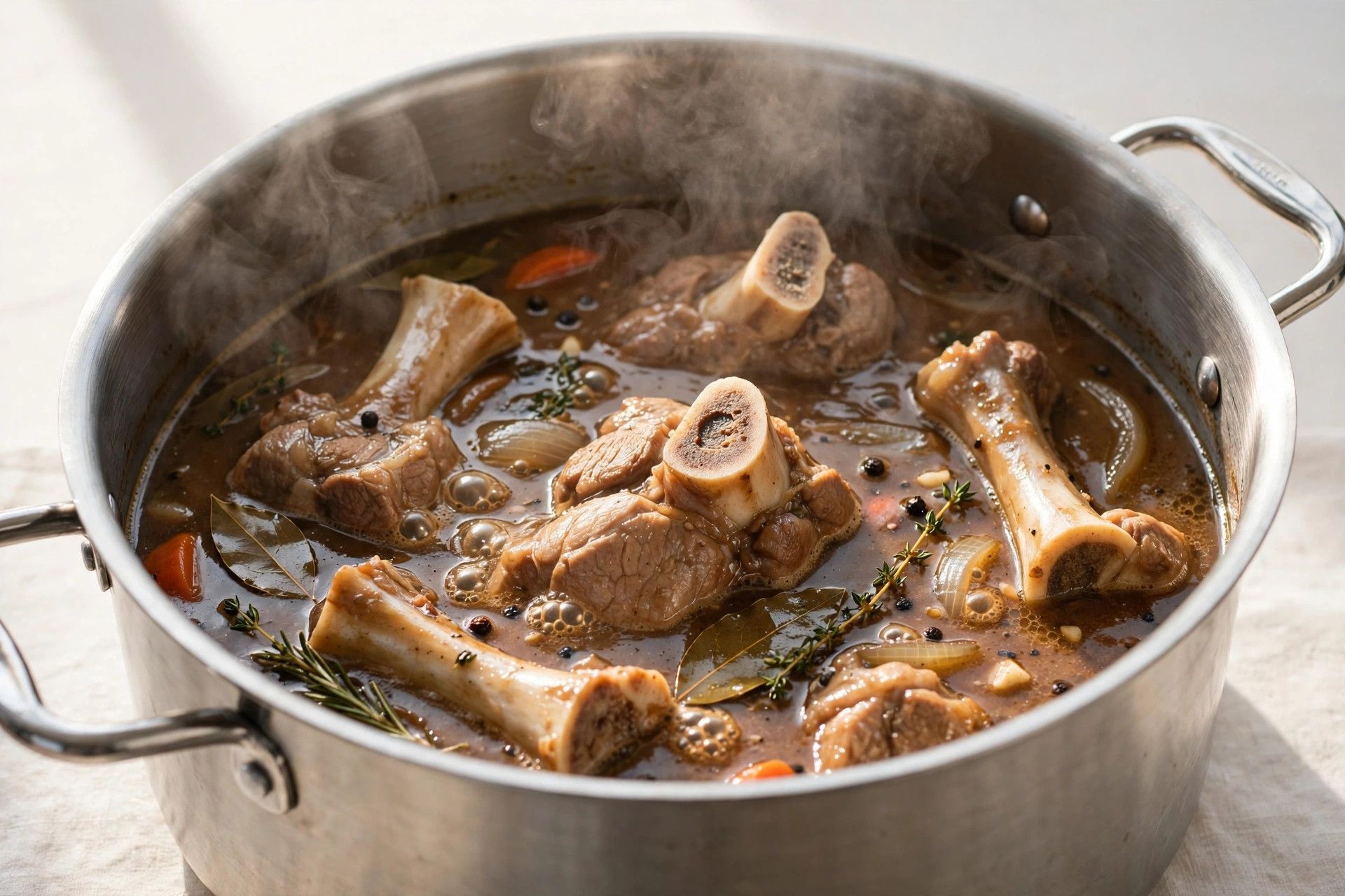 Neck bones simmering low and slow in rich savory gravy in a large pot