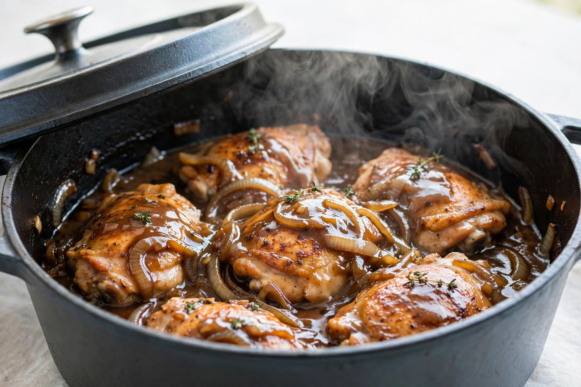 Seared chicken thighs nestled into thick glossy onion gravy in a covered pot