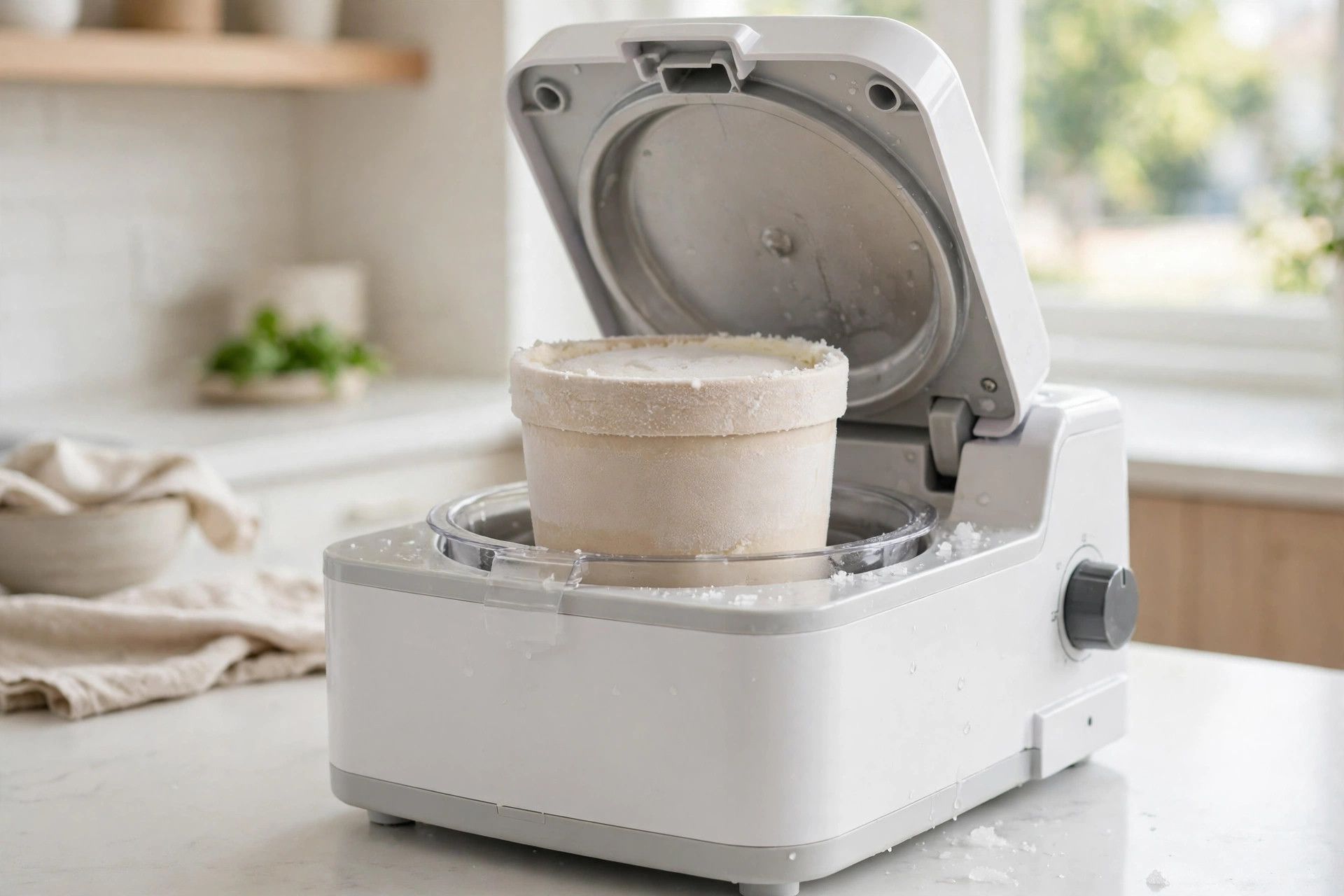 The frozen apple pie pint loaded into a countertop Ninja Creami machine, ready to spin
