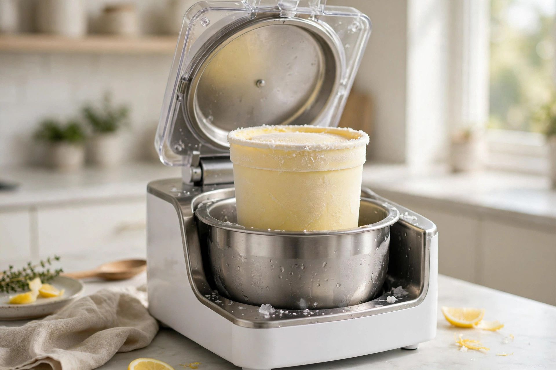 The frozen banana pint loaded into a countertop ice cream maker machine, ready to spin