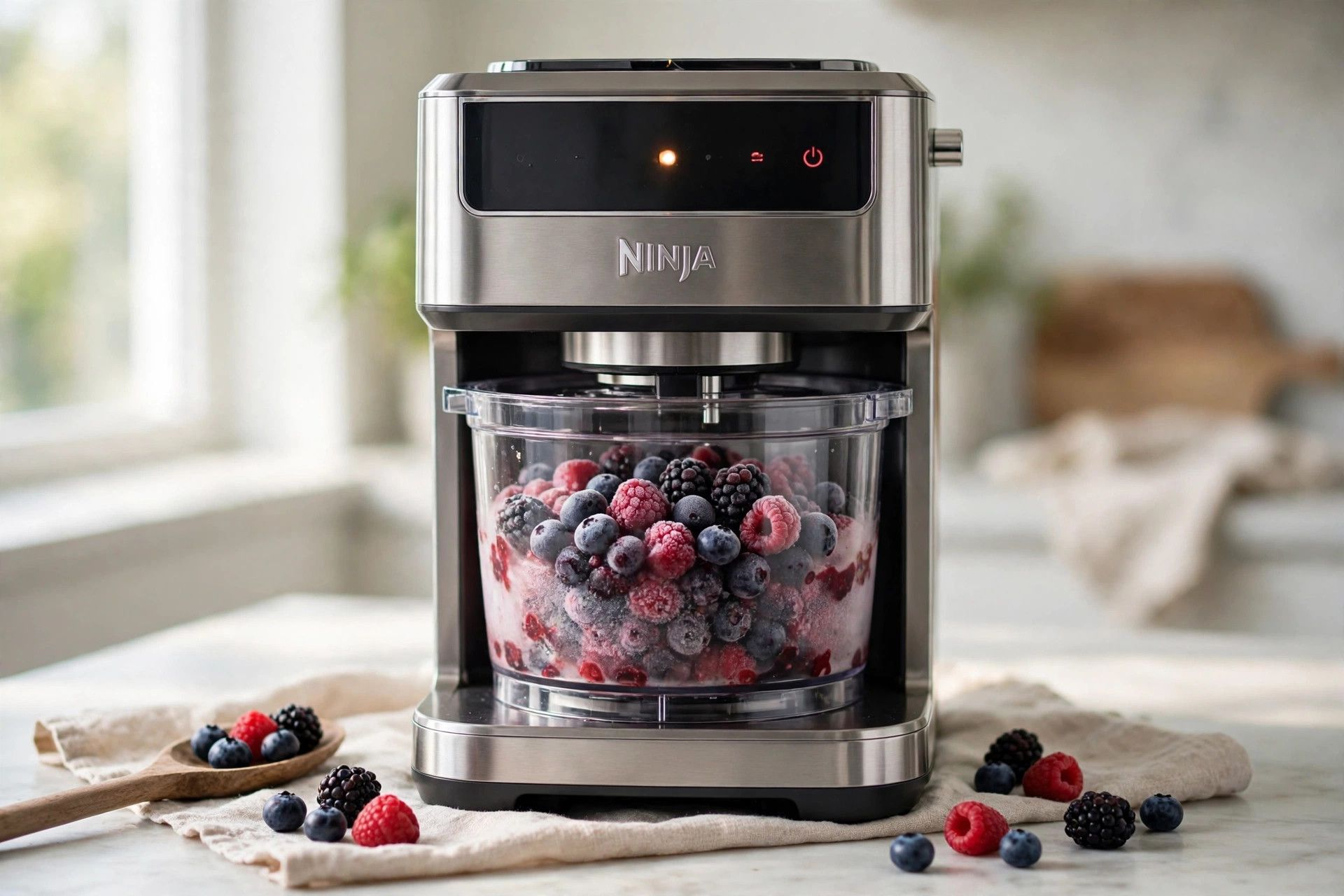 The frozen berry pint loaded into a countertop Ninja Creami machine on the Sorbet setting
