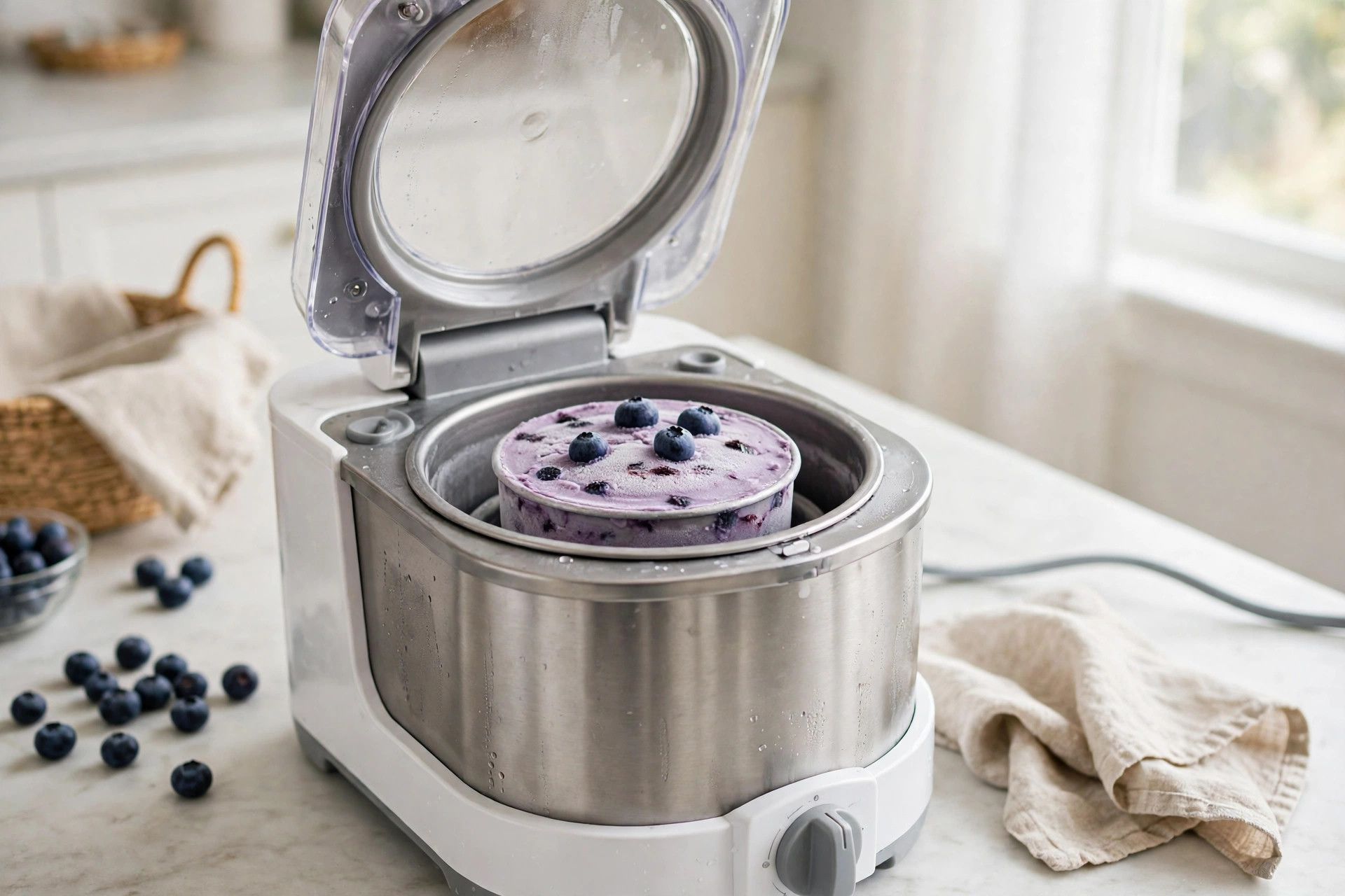 The frozen blueberry cobbler pint loaded into a countertop Ninja Creami machine, ready to spin