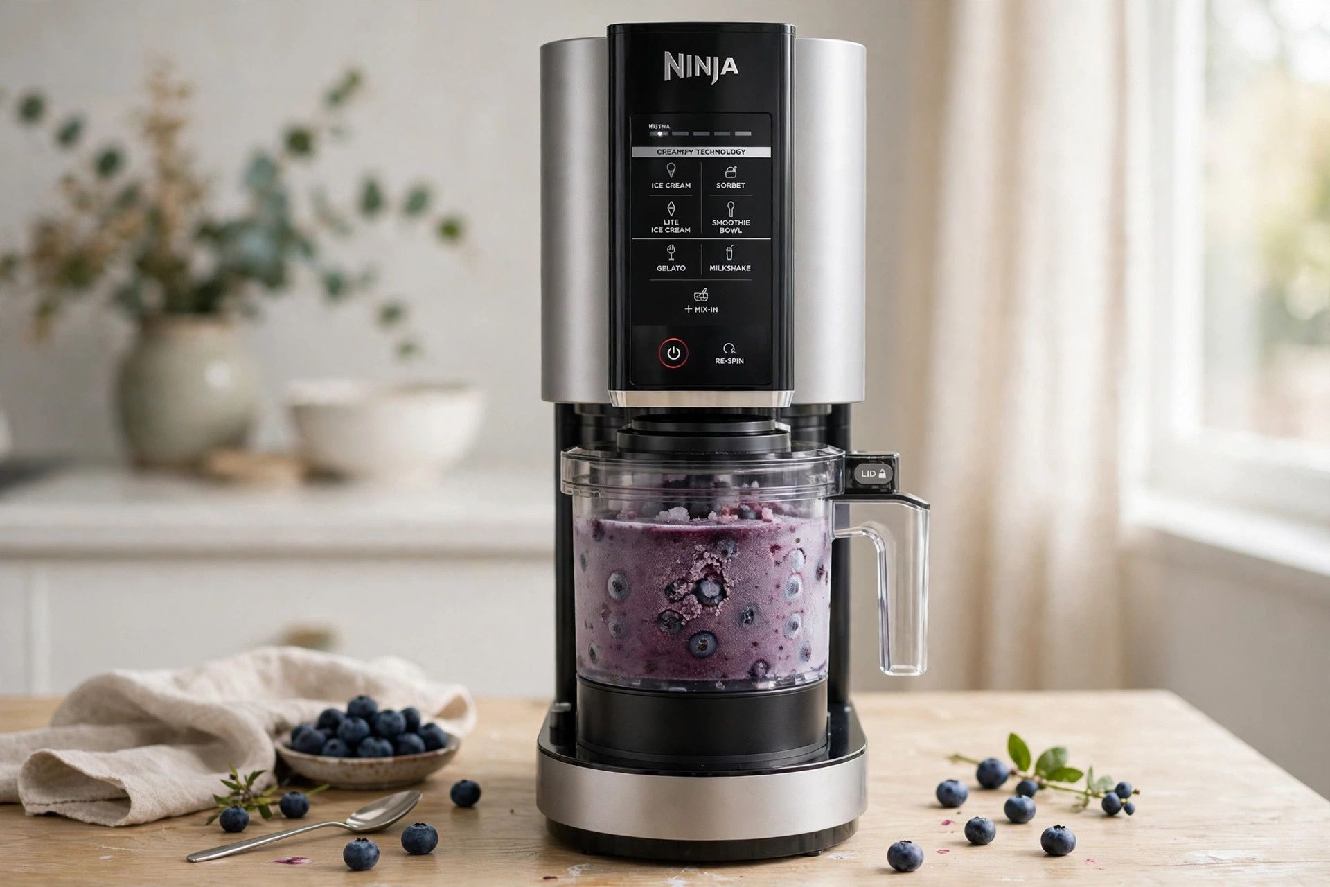 The frozen blueberry pint loaded into a countertop Ninja Creami machine, ready to spin
