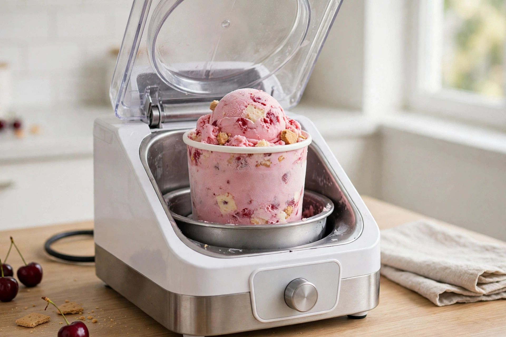 The frozen cherry cheesecake pint loaded into a countertop Ninja Creami machine, ready to spin