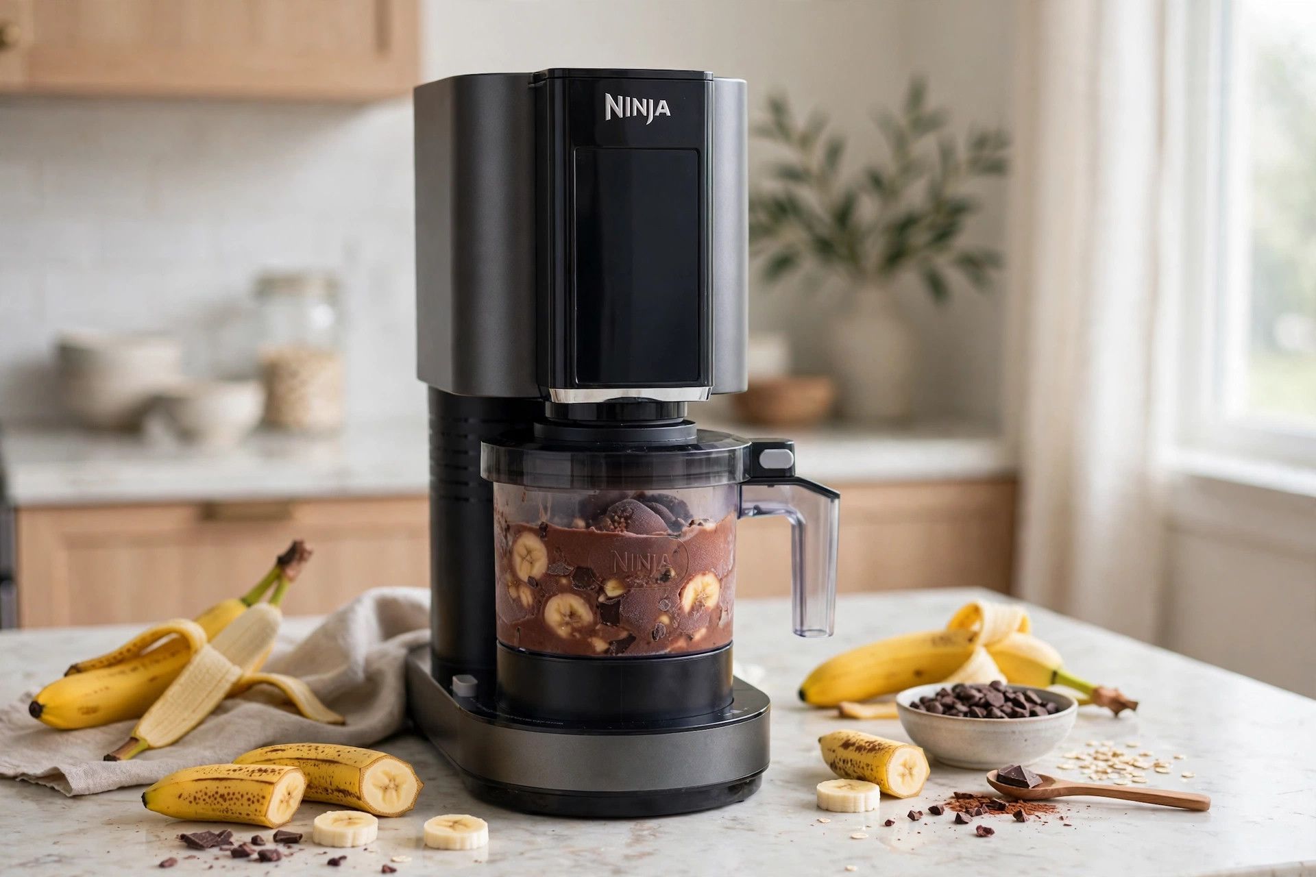 The frozen chocolate banana pint loaded into a countertop Ninja Creami machine, ready to spin
