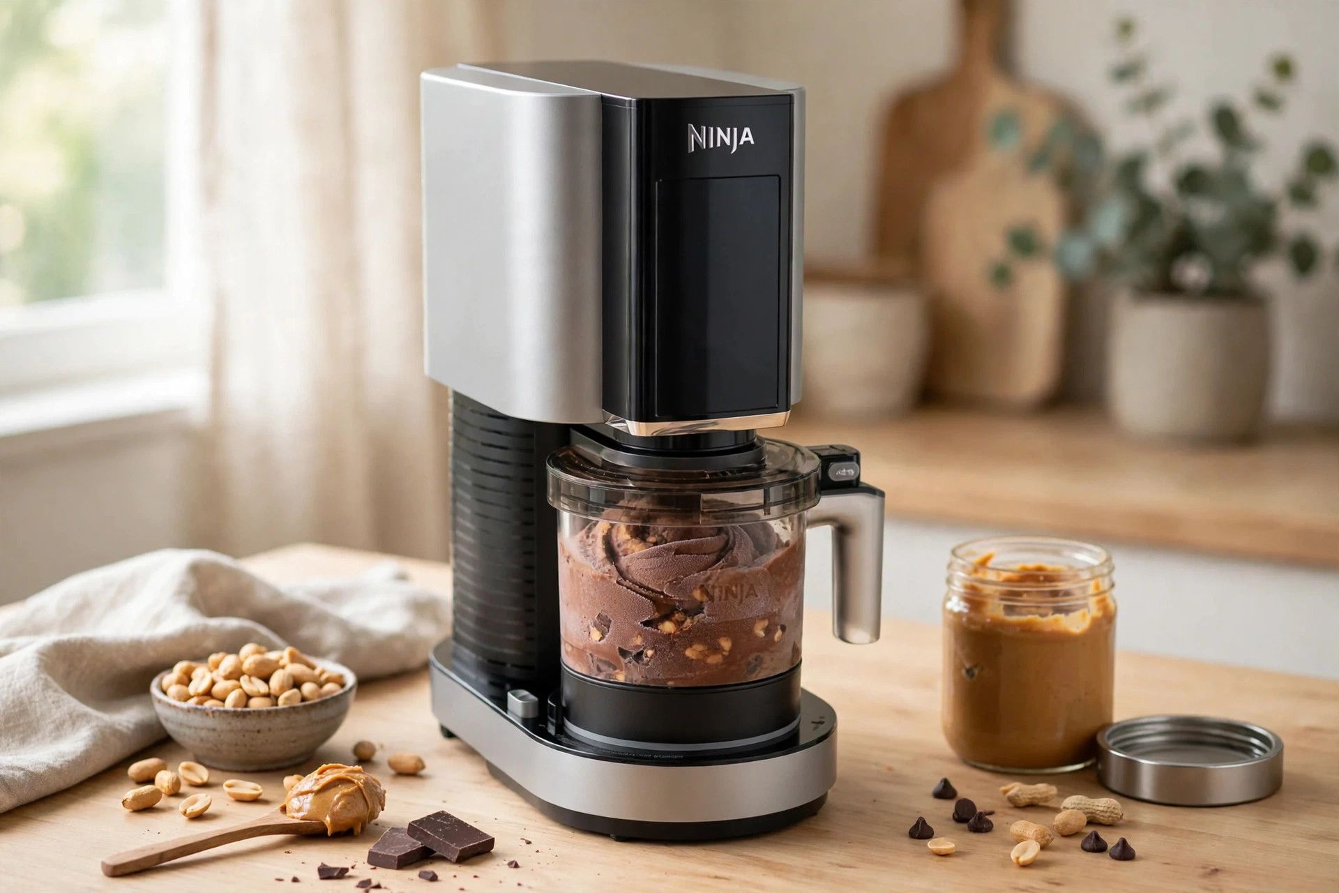The frozen chocolate peanut butter pint loaded into a countertop Ninja Creami machine, ready to spin