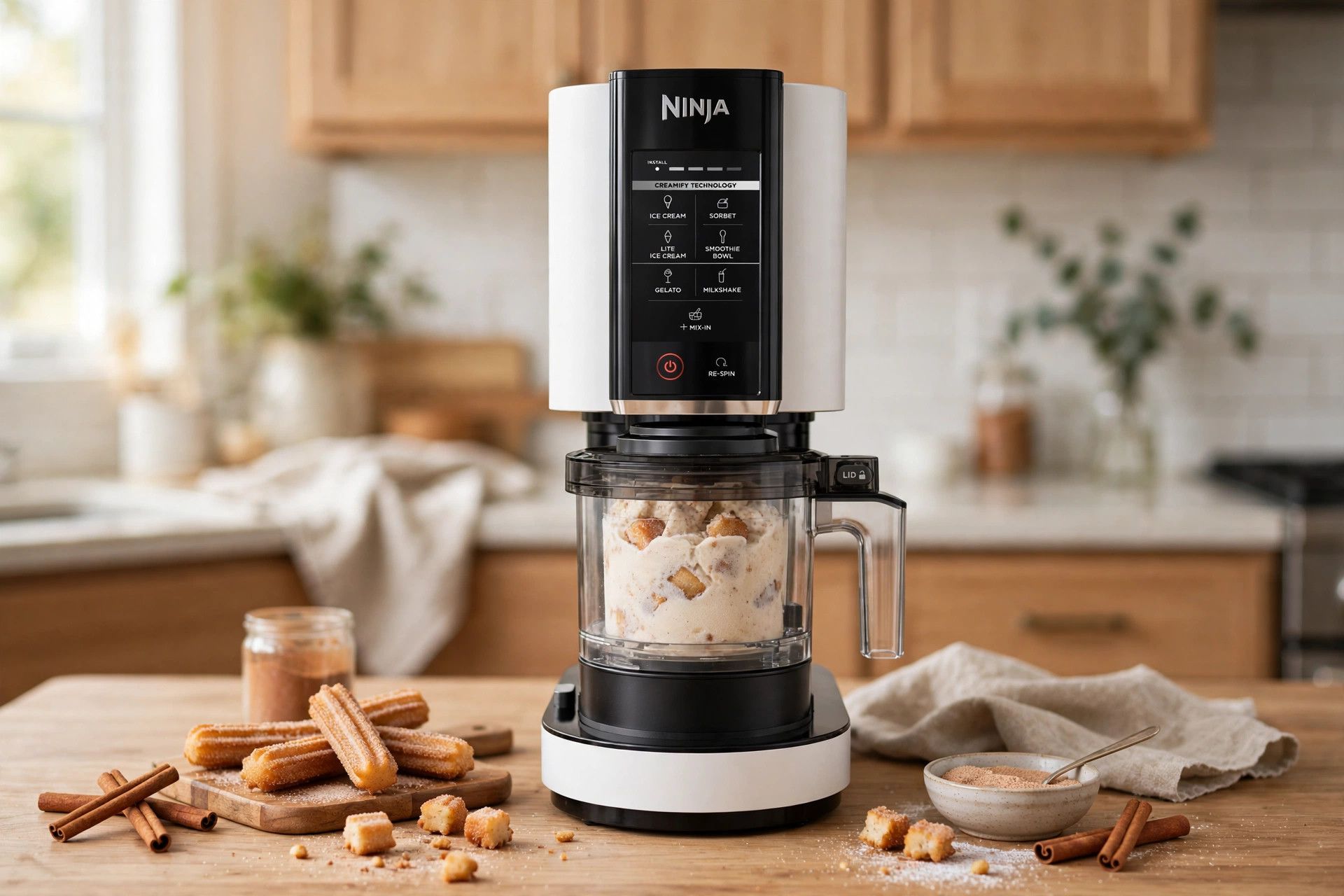 The frozen churro pint loaded into a countertop Ninja Creami machine, ready to spin