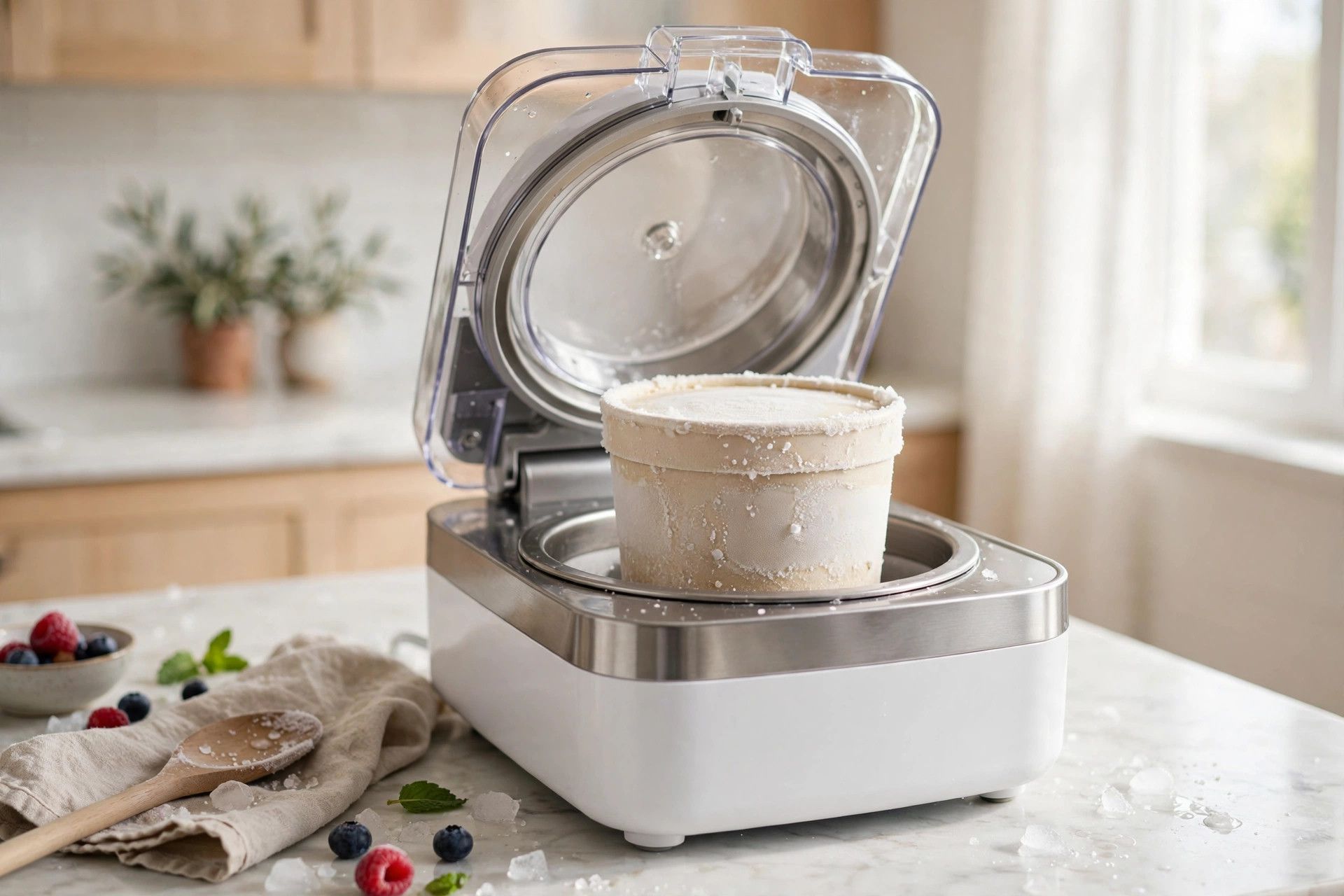 The frozen dairy free pint loaded into a countertop ice cream maker machine, ready to spin