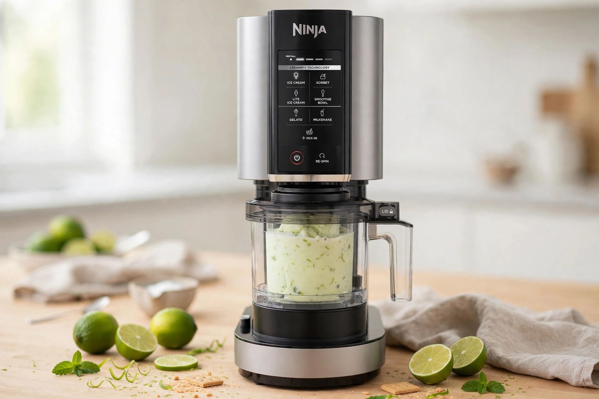 The frozen key lime pint loaded into a countertop Ninja Creami machine, ready to spin