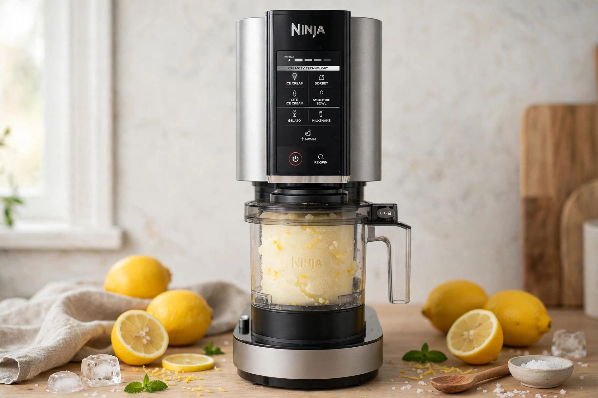 The frozen lemon pint loaded into a countertop Ninja Creami machine, ready to spin