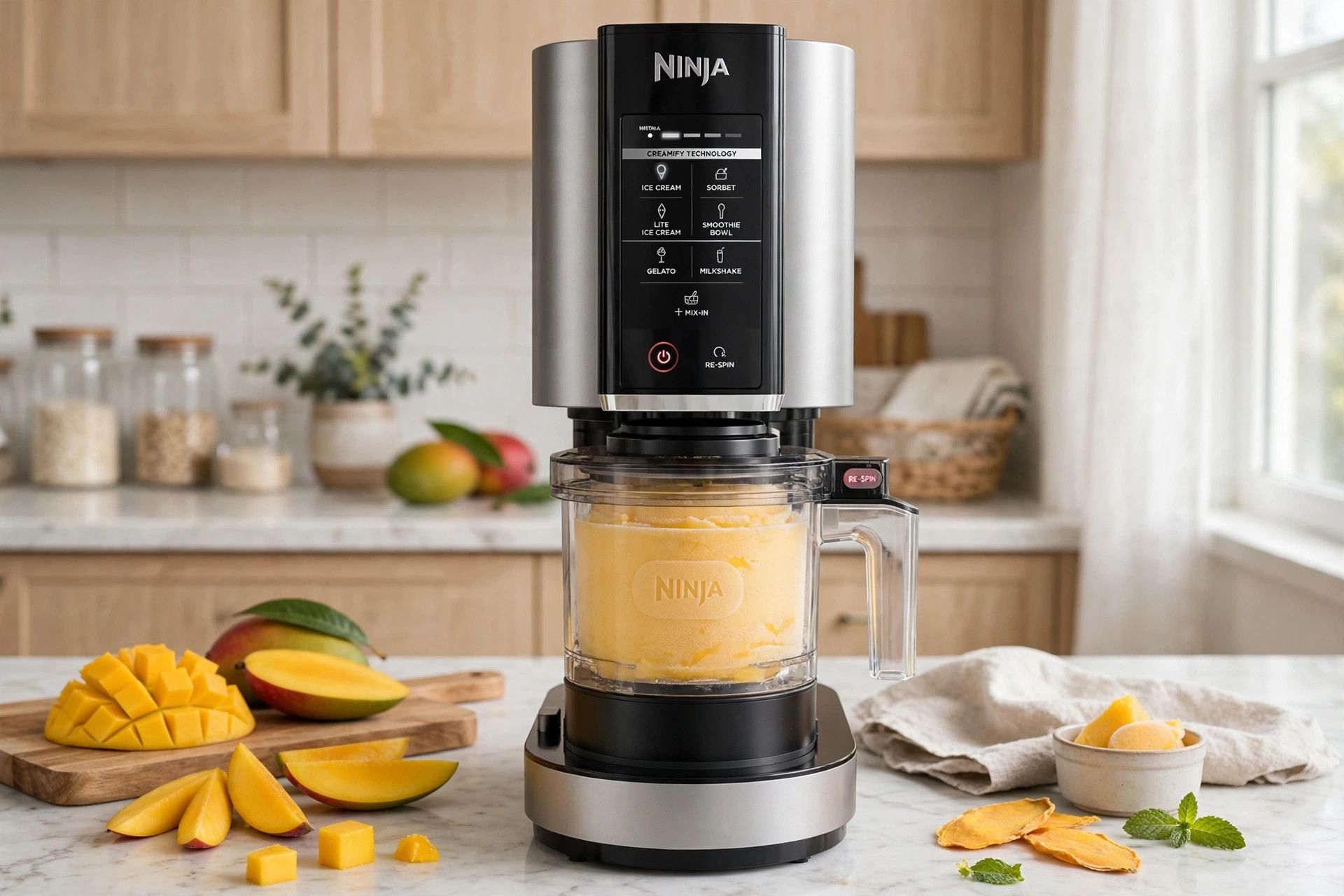 The frozen mango tango pint loaded into a countertop Ninja Creami machine, ready to spin on Sorbet