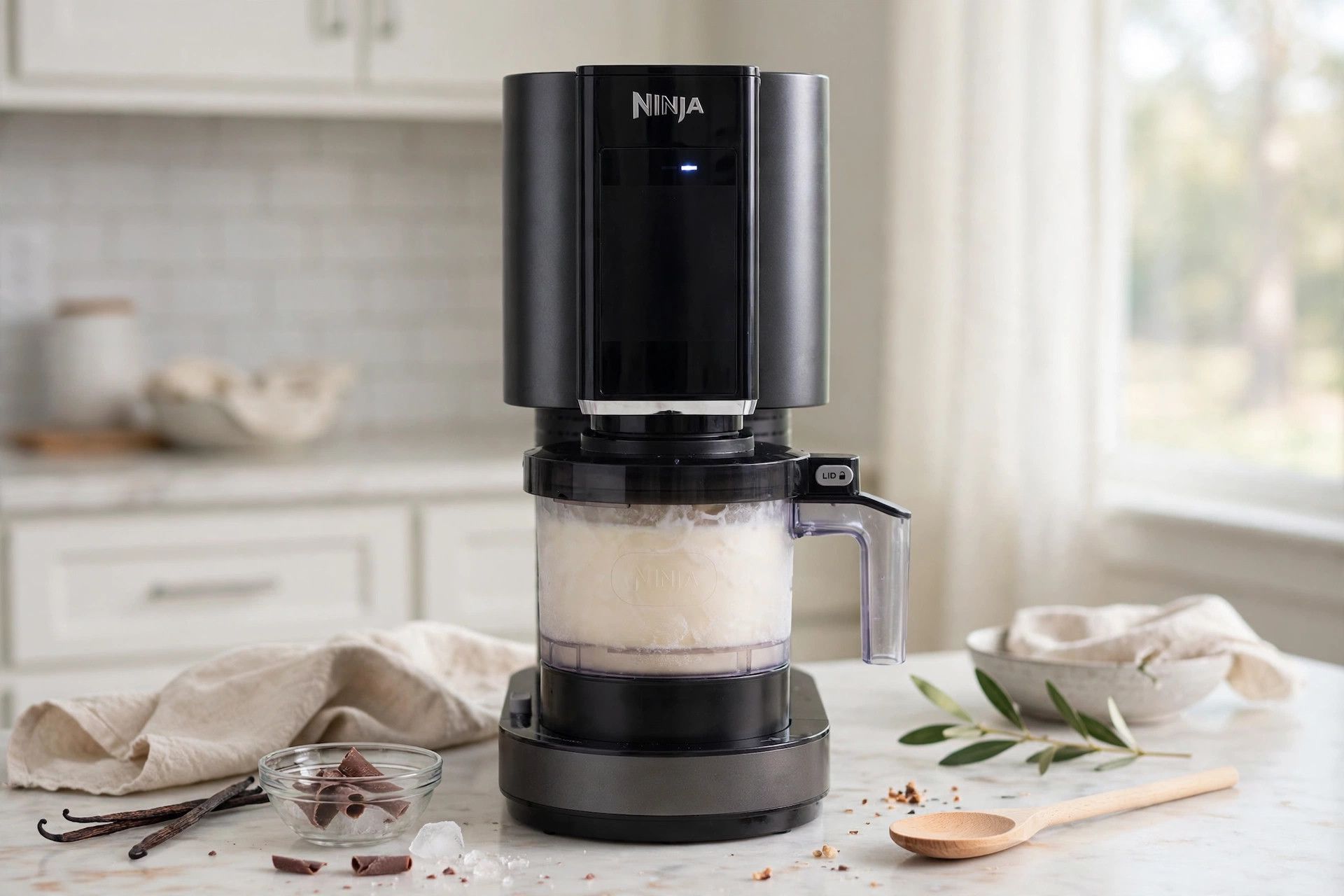 The frozen protein milkshake pint loaded into a countertop Ninja Creami machine, ready to spin