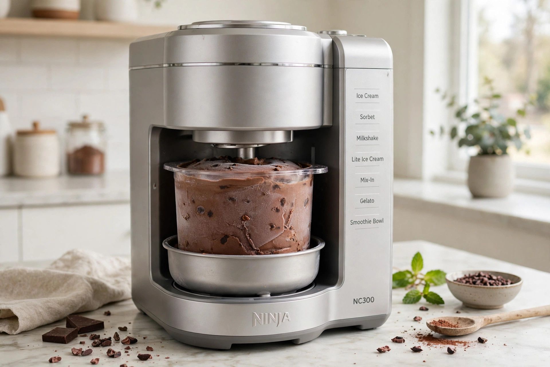 The frozen chocolate pint loaded into a countertop Ninja Creami machine, ready to spin