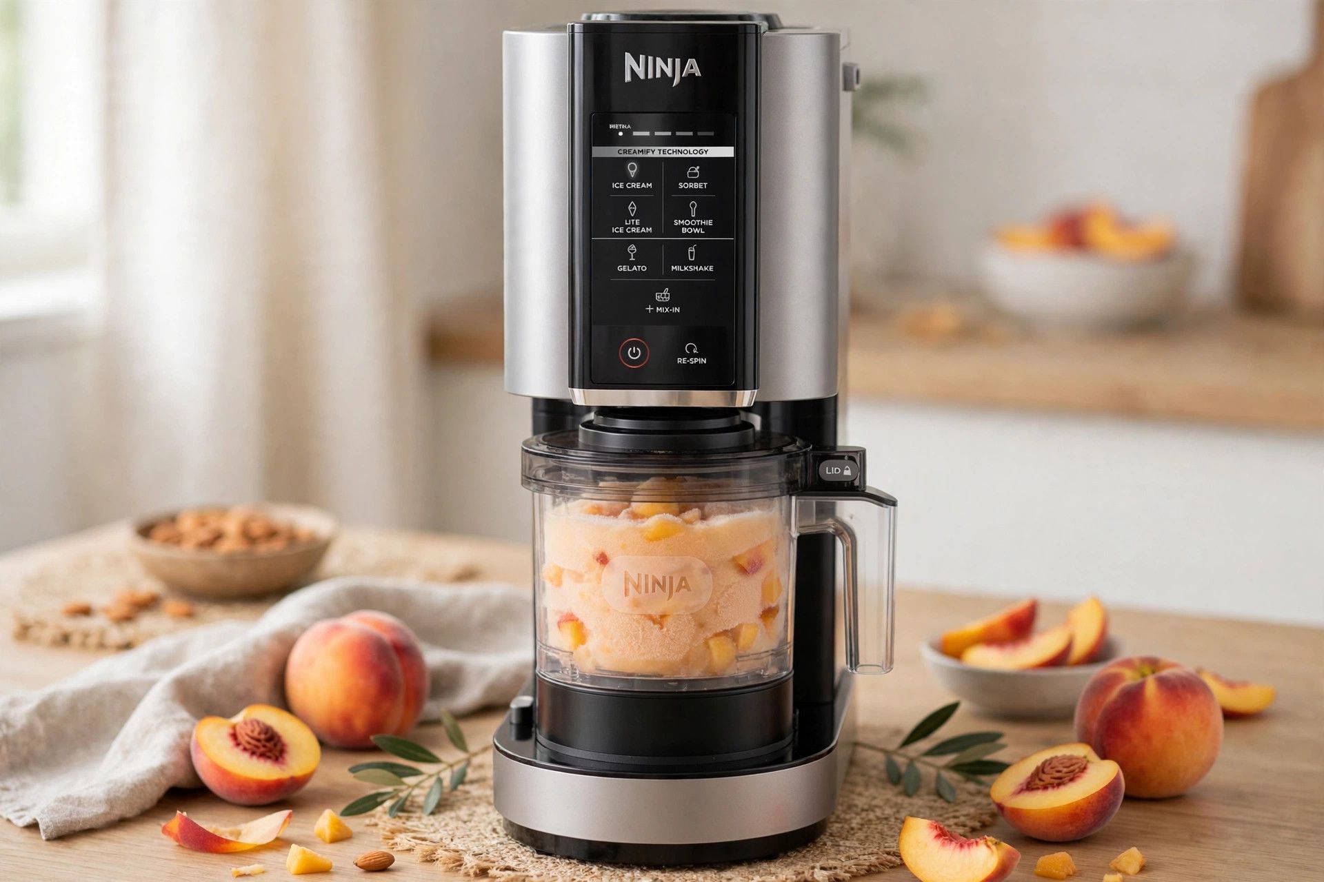 The frozen peach pint loaded into a countertop Ninja Creami machine, ready to spin