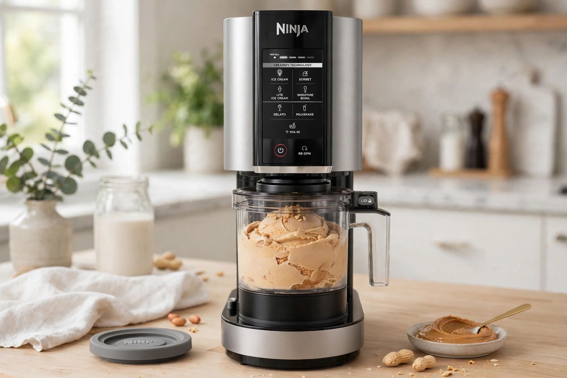 The frozen peanut butter pint loaded into a countertop Ninja Creami machine, ready to spin