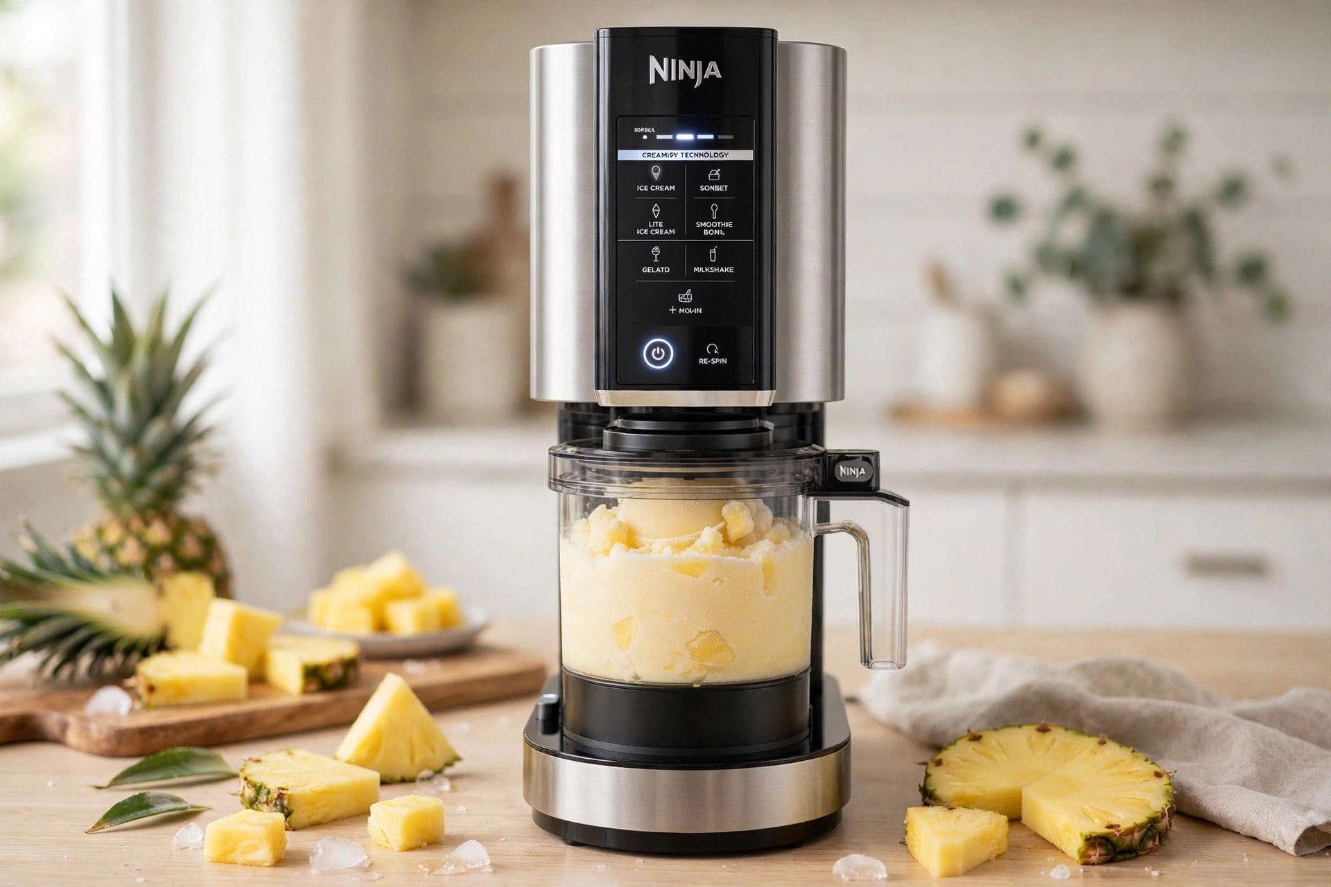 The frozen pineapple pint loaded into a countertop Ninja Creami machine on the Sorbet setting