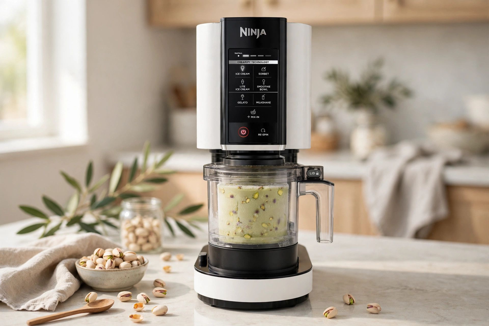 The frozen pistachio pint loaded into a countertop Ninja Creami machine, ready to spin