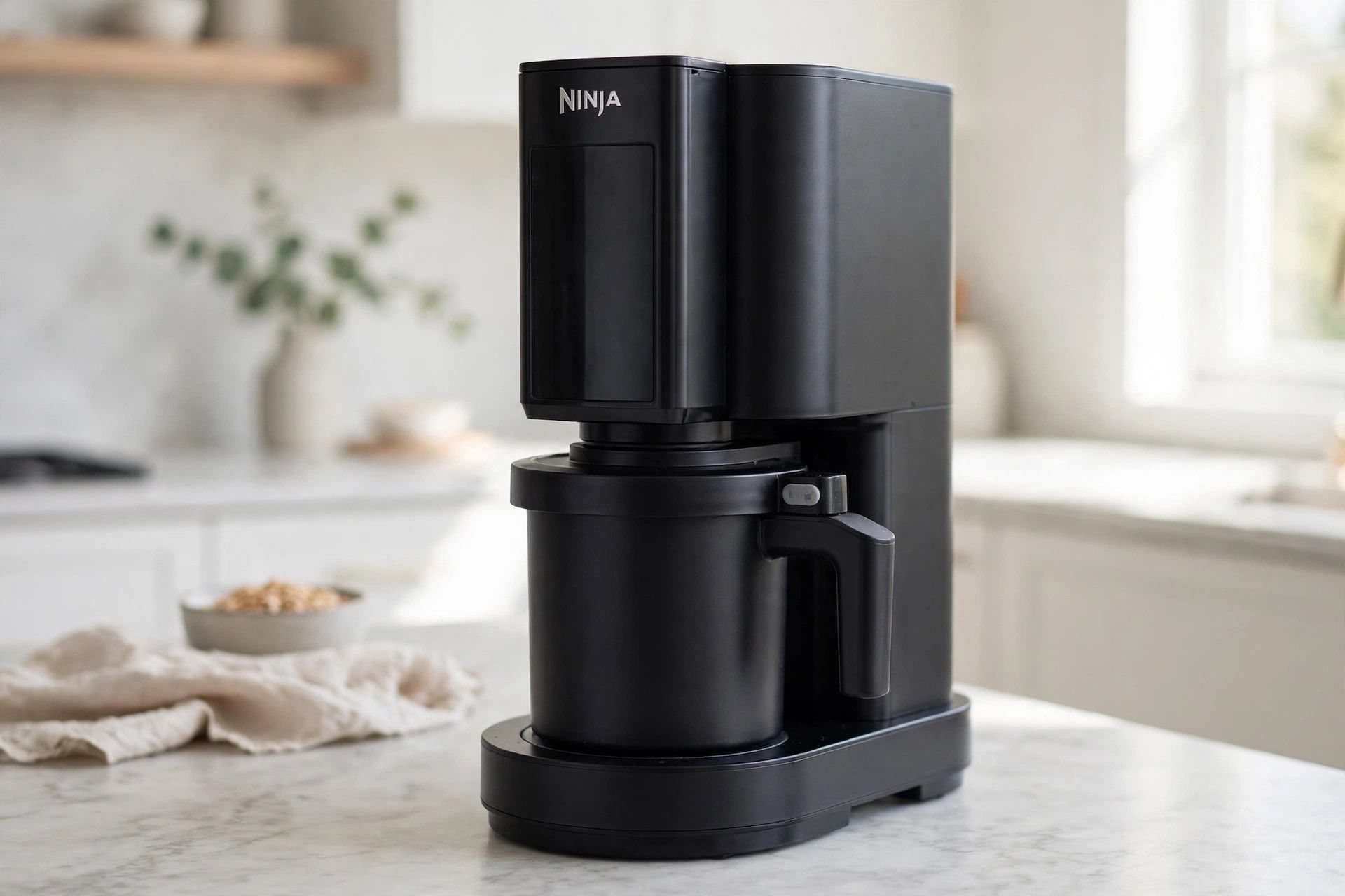 The frozen pumpkin cheesecake pint loaded into a countertop Ninja Creami machine, ready to spin