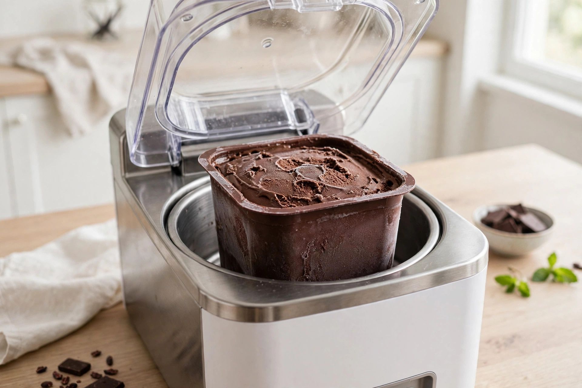 The frozen chocolate pint loaded into a countertop ice cream maker machine, ready to spin