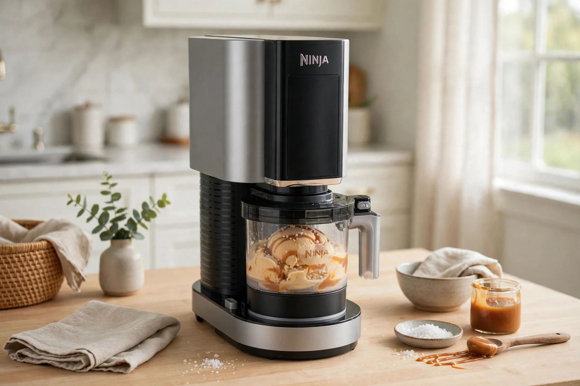 The frozen salted caramel pint loaded into a countertop Ninja Creami machine, ready to spin