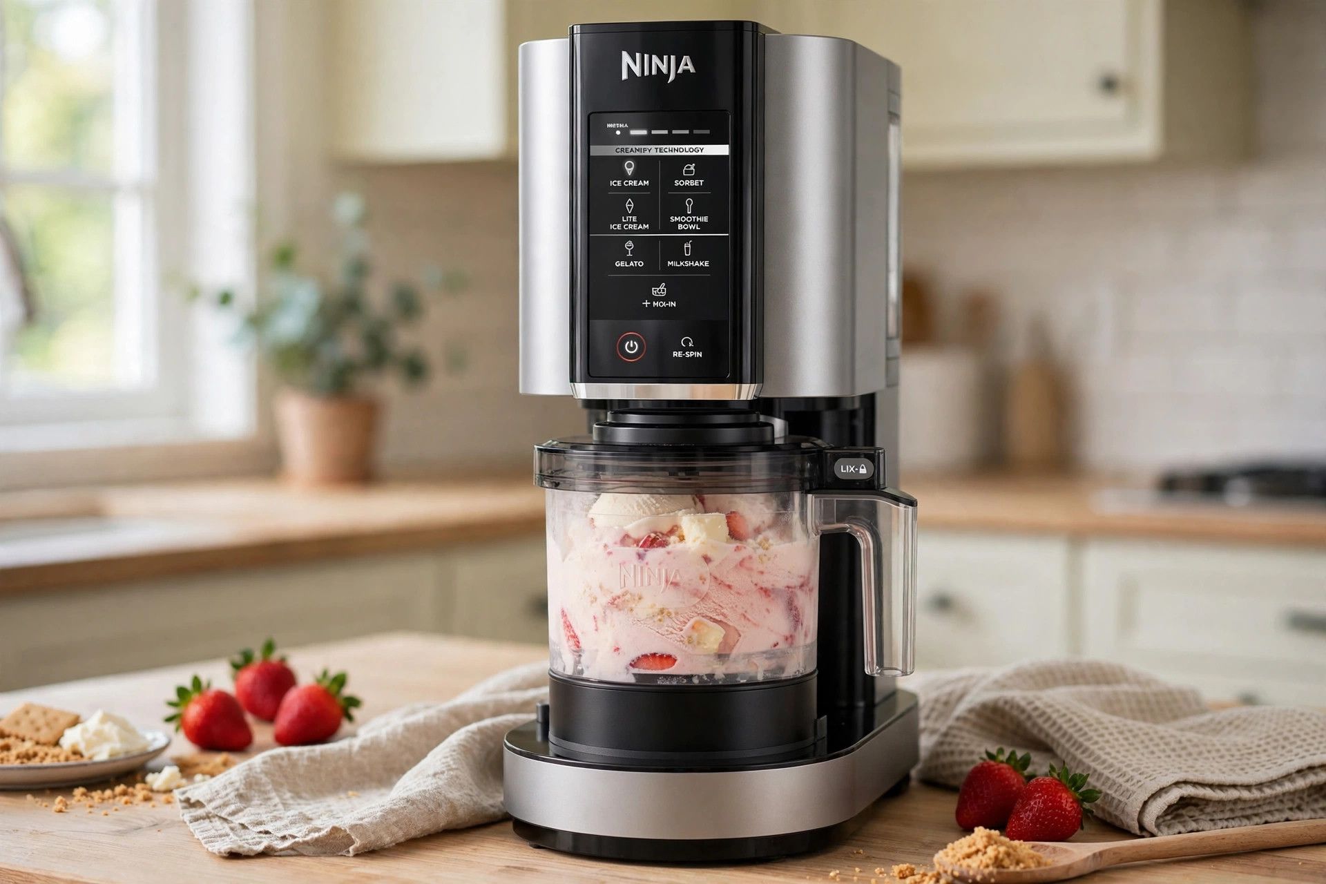 The frozen strawberry cheesecake pint loaded into a countertop Ninja Creami machine, ready to spin