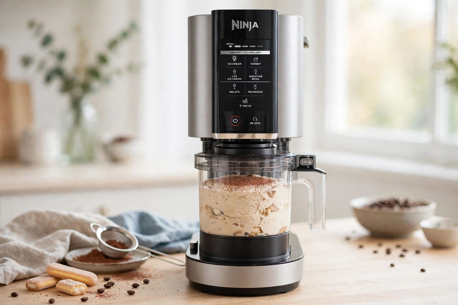 The frozen tiramisu pint loaded into a countertop Ninja Creami machine, ready to spin