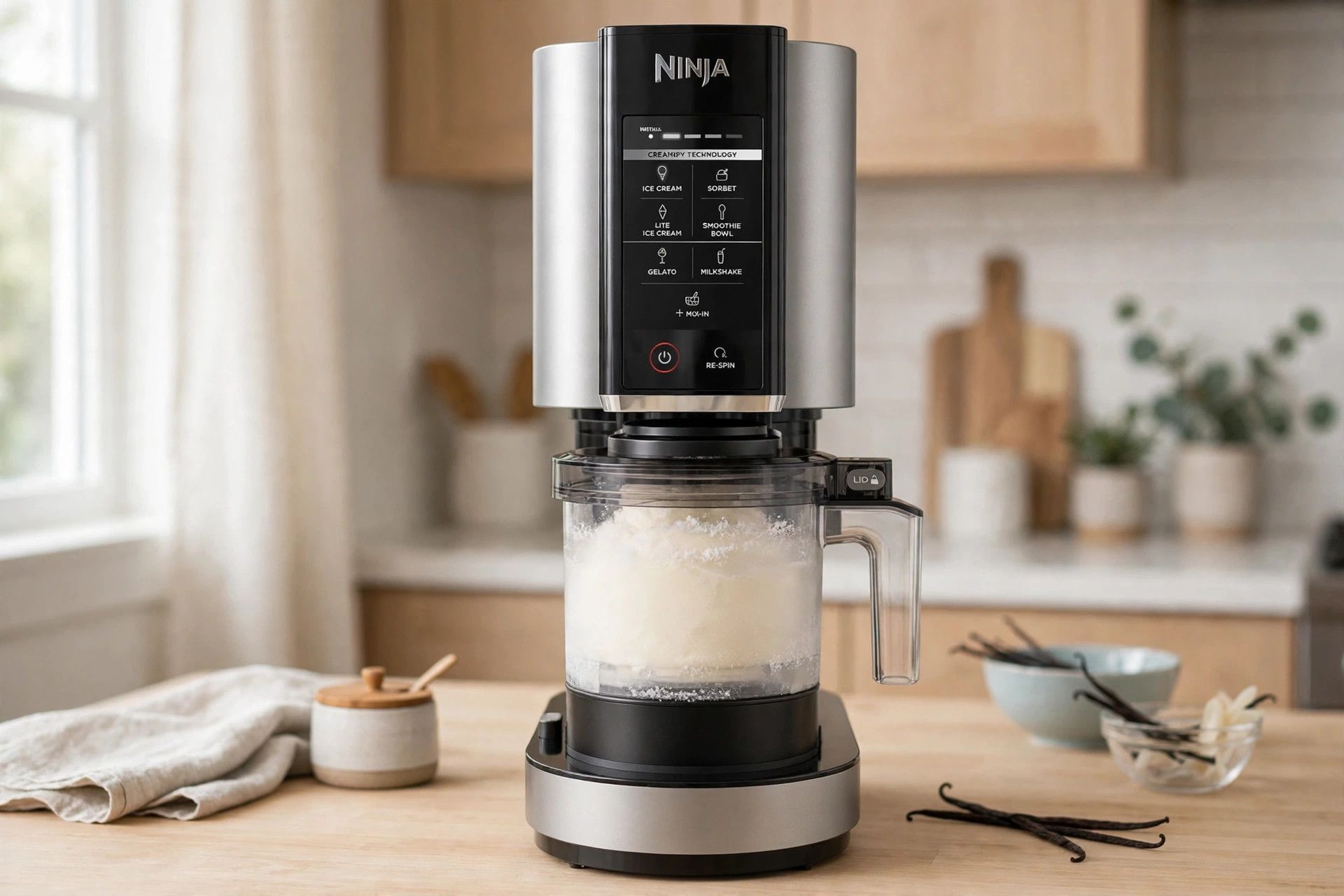The frozen vanilla bean pint loaded into a countertop Ninja Creami machine, ready to spin