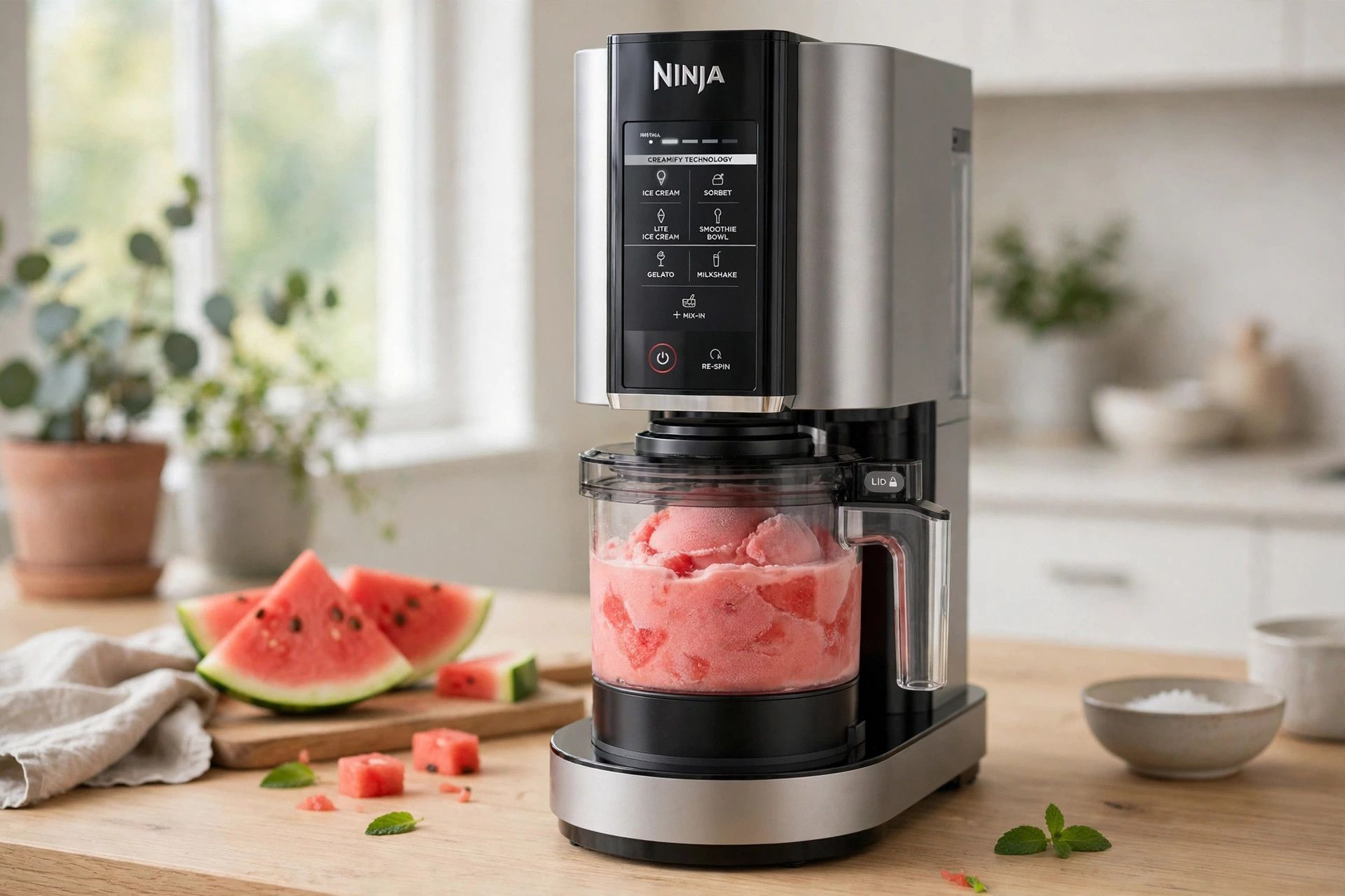 The frozen watermelon cooler pint loaded into a countertop Ninja Creami machine, ready to spin on Sorbet