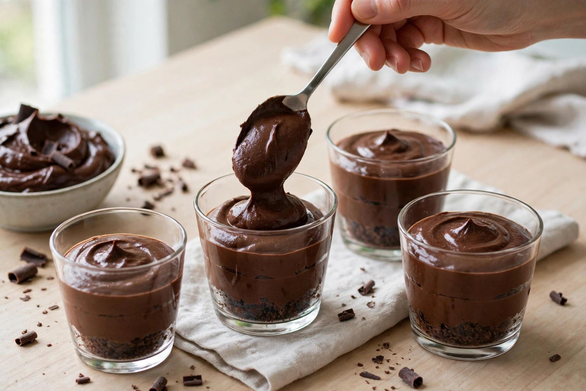 Spooning thick dark chocolate mousse into small glass dessert cups