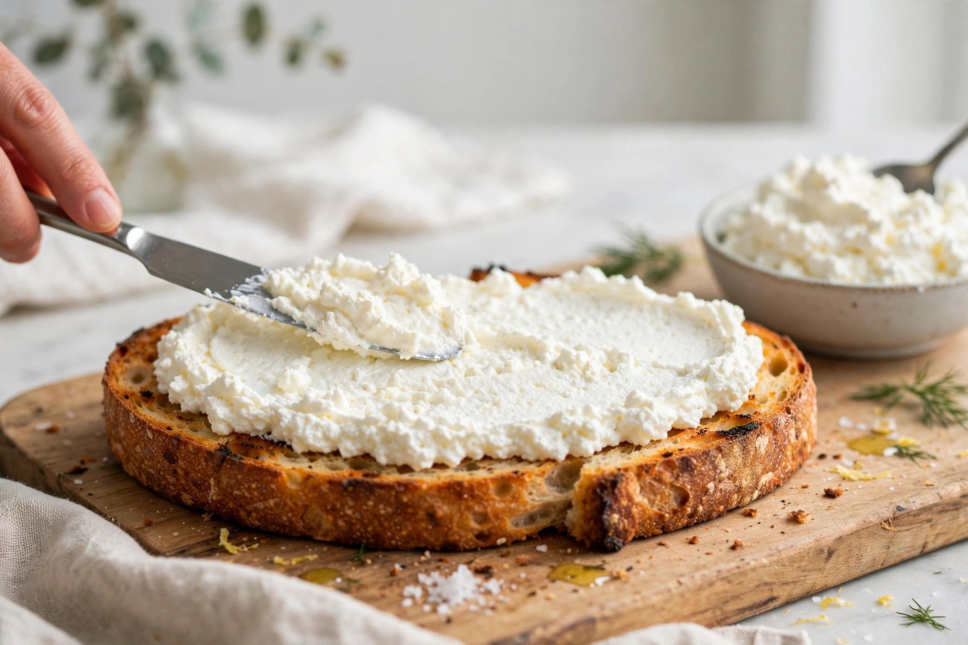 Spreading whipped cottage cheese generously onto warm toasted sourdough slices