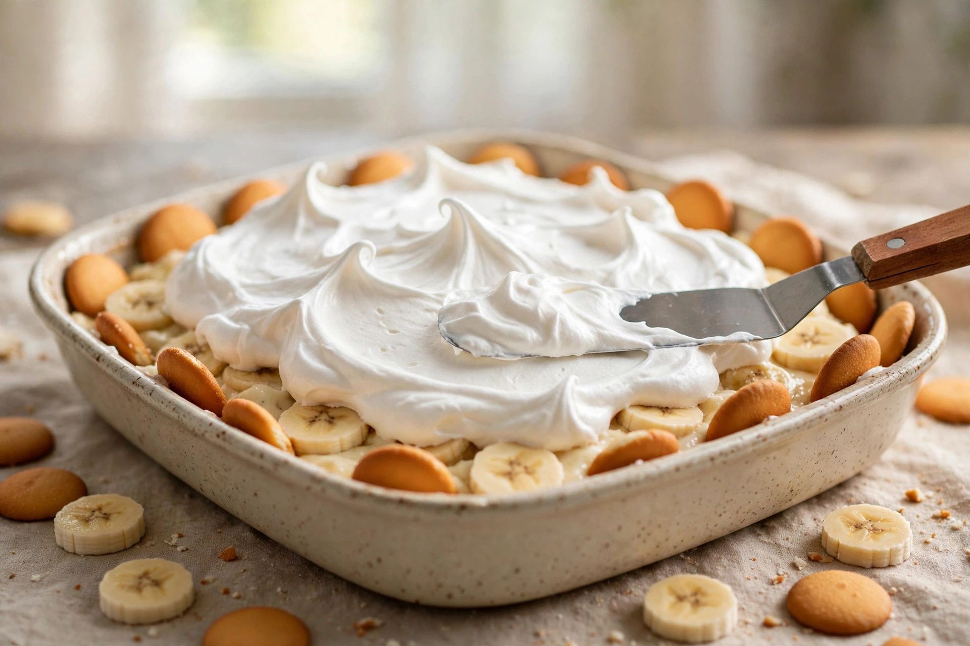 Spreading billowy meringue over banana pudding and swooping it into peaks