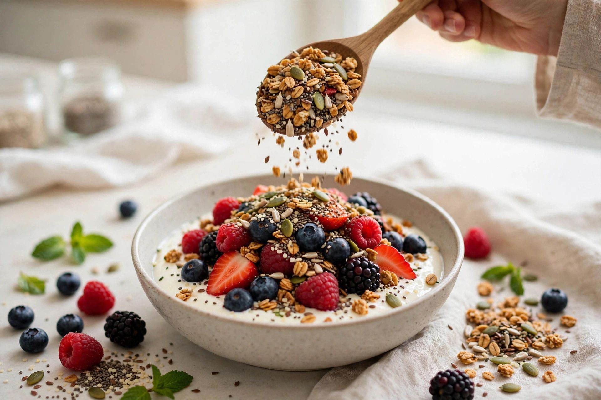 Topping a Greek yogurt and cottage cheese protein bowl with mixed berries, granola and seeds