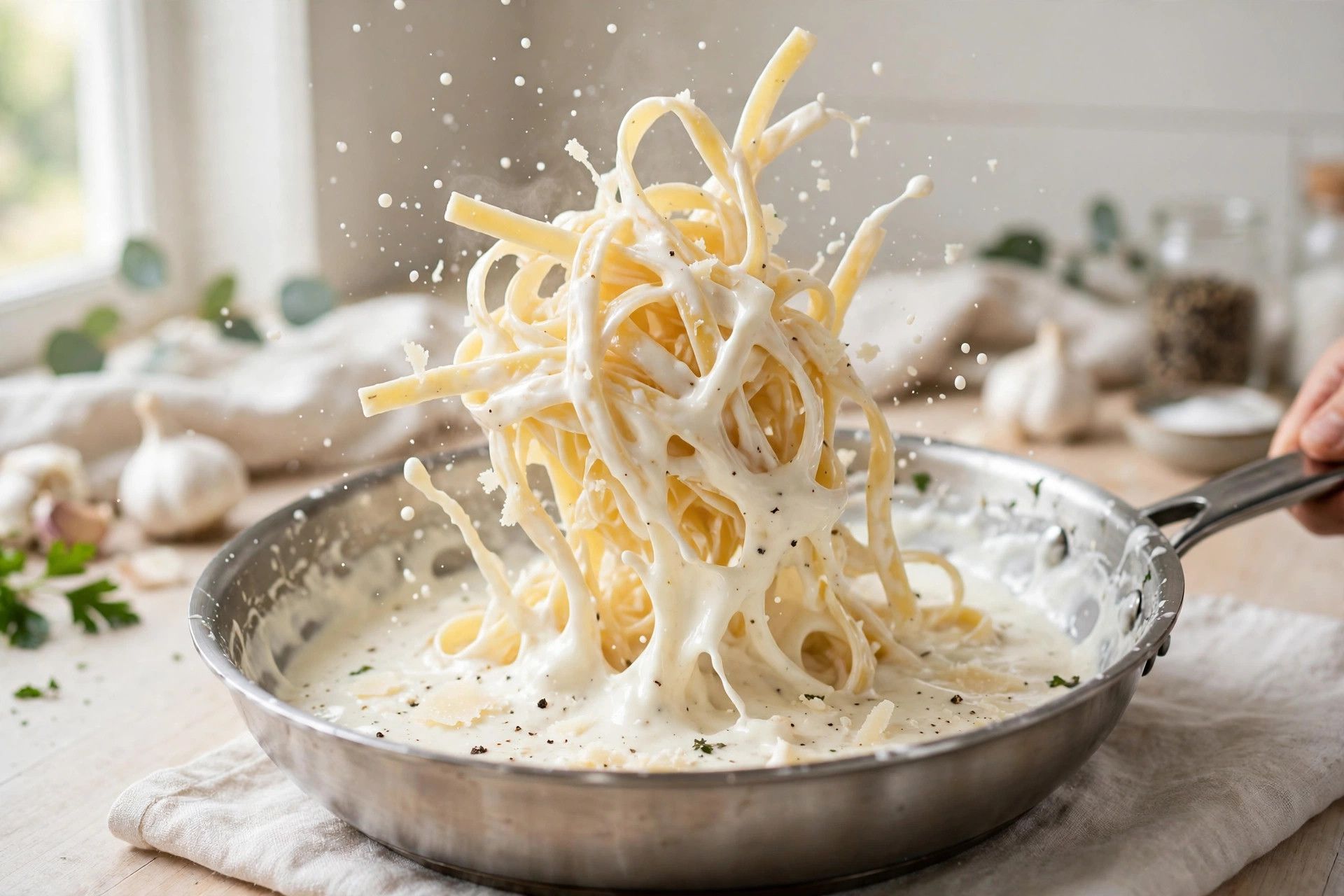 Cooking fettuccine in a large pot of salted water, with a cup of starchy pasta water saved beside it