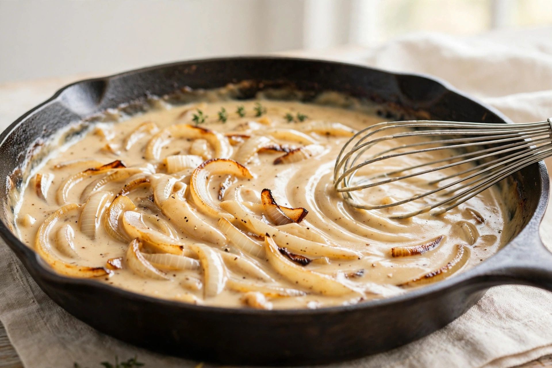 Creamy onion gravy being whisked smooth in a skillet with caramelized onions