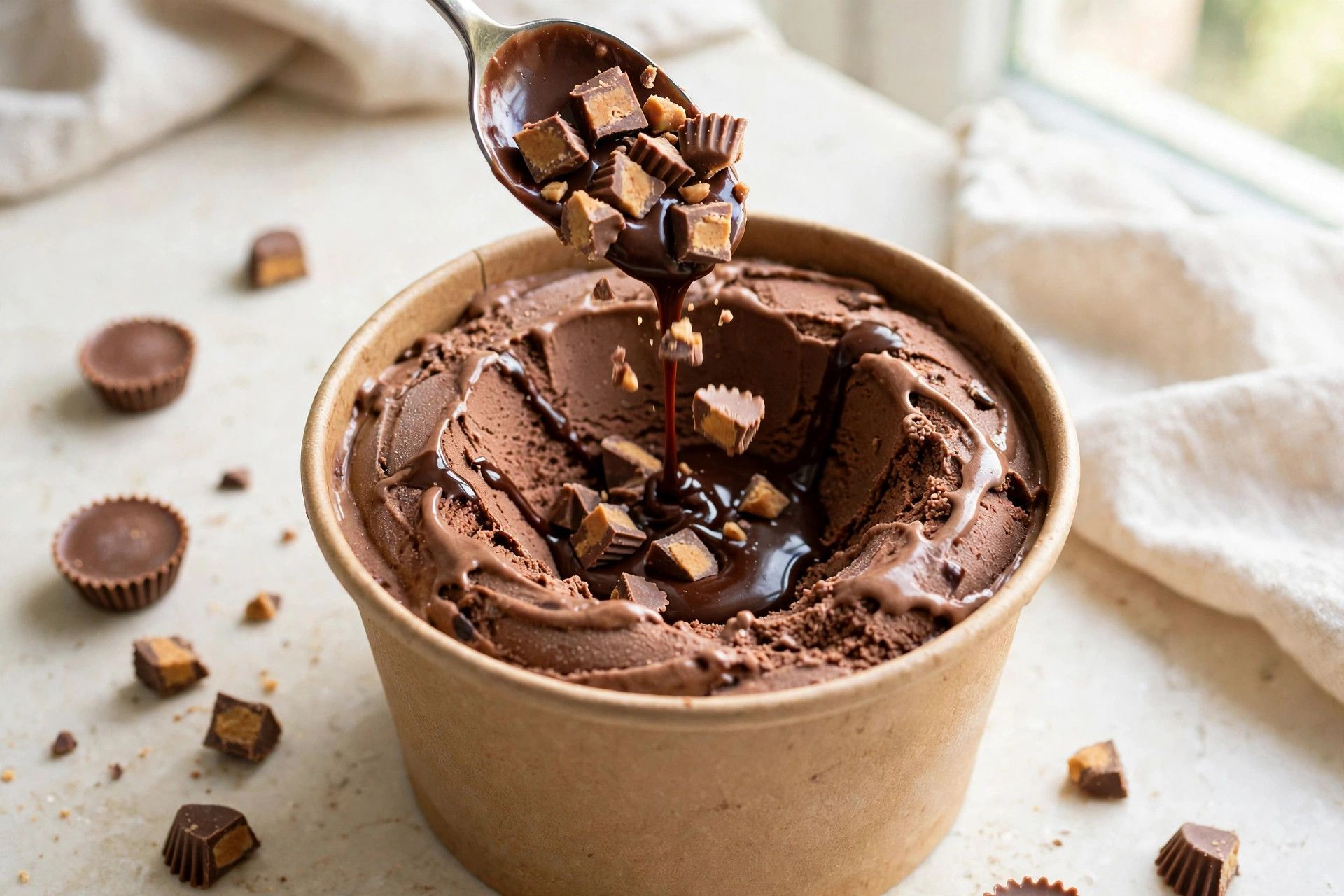 Spooning chopped mini peanut butter cups and fudge sauce into a deep well in the center of the spun chocolate ice cream
