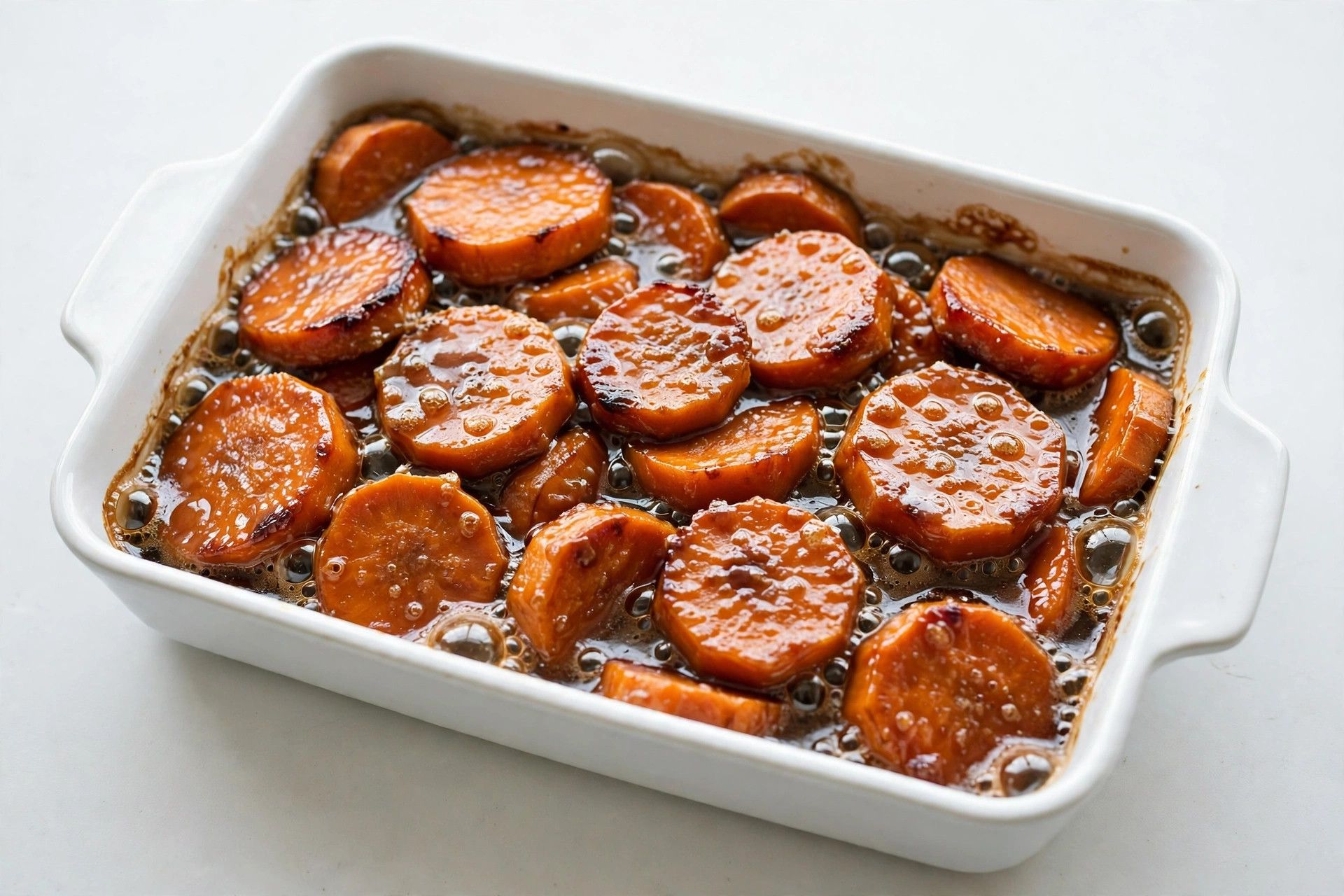 Baked candied yams bubbling in the dish with caramelized edges and syrupy brown sugar glaze