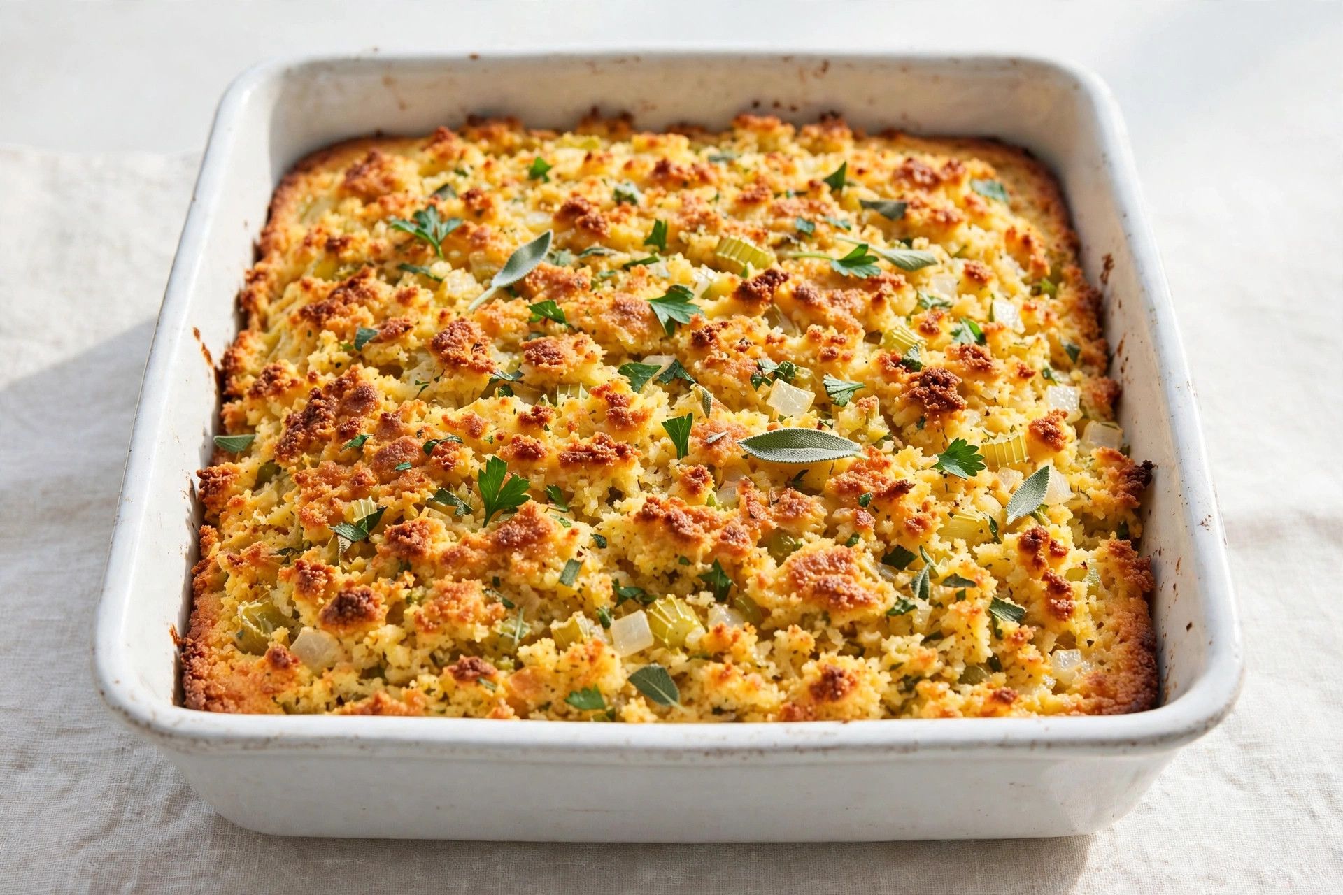 Golden baked Southern cornbread dressing in a white baking dish with a crisp browned top