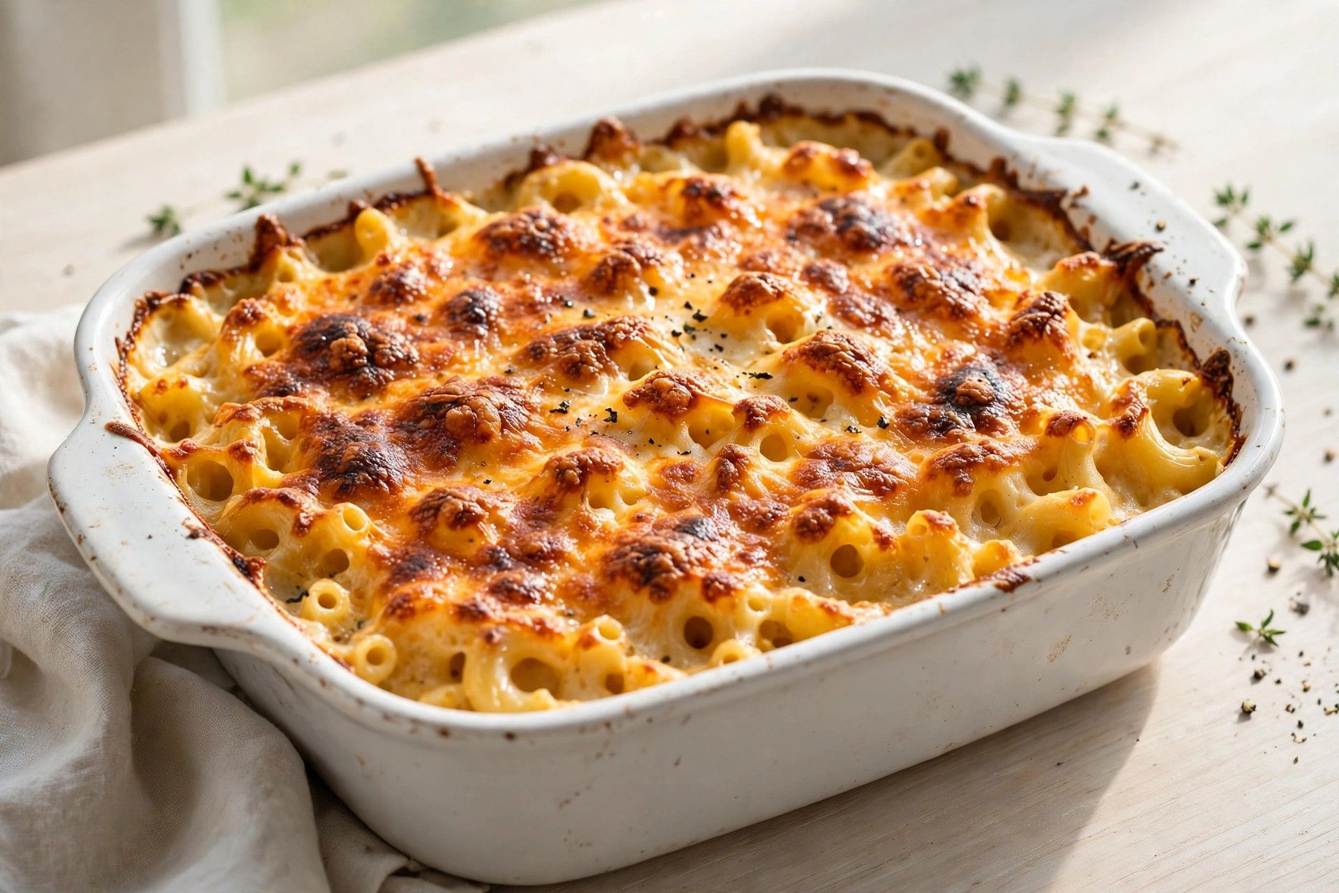 Baked southern mac and cheese in a casserole dish with a bubbling golden brown cheese crust
