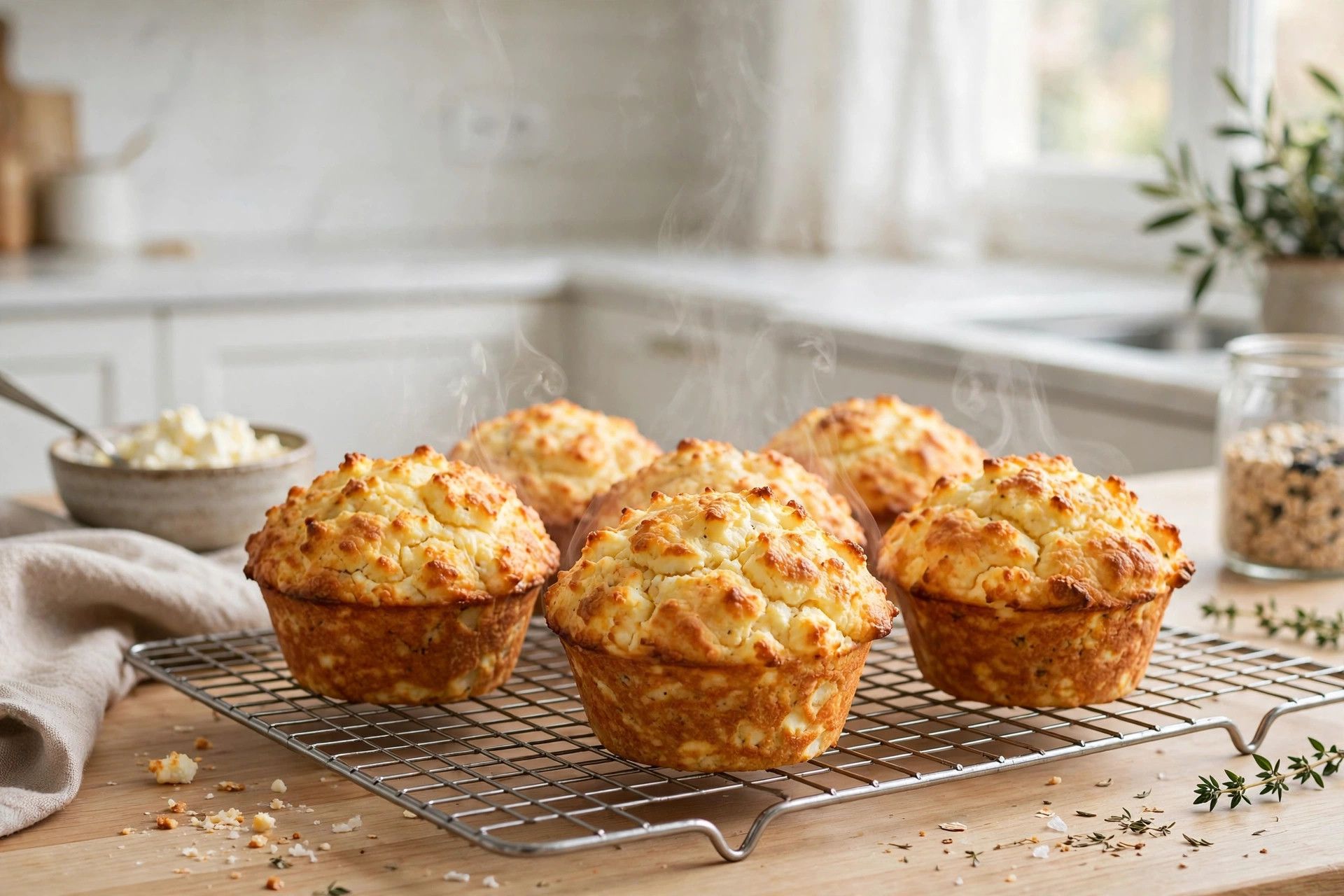 Freshly baked golden cottage cheese protein muffins cooling on a wire rack
