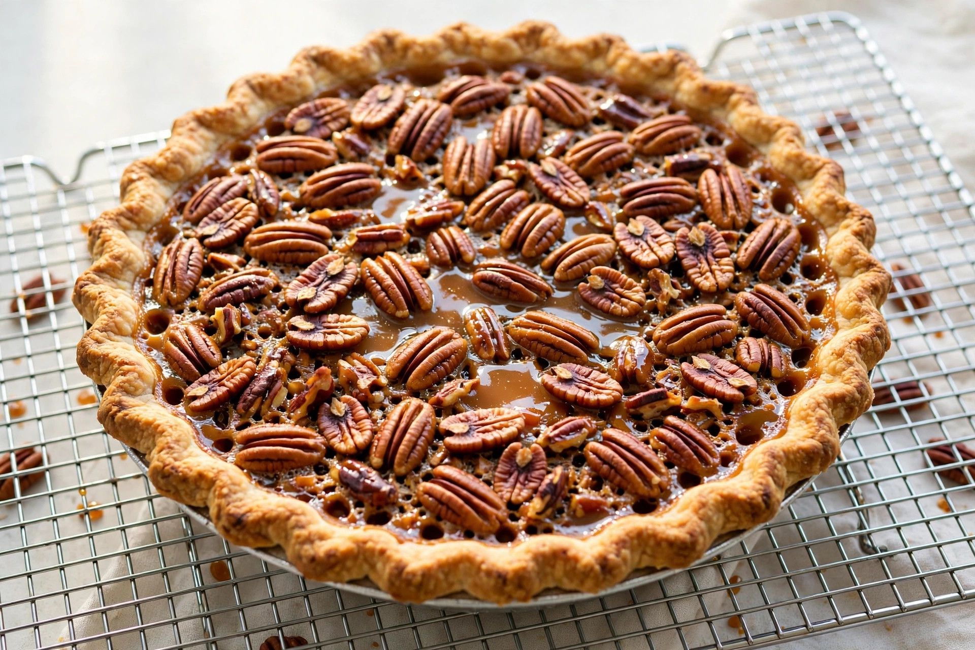 The baked golden pecan pie cooling on a wire rack with glossy set filling and toasted pecans