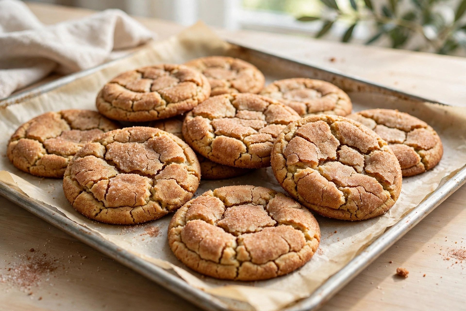 Freshly baked snickerdoodles with cracked cinnamon sugar tops cooling on a baking sheet
