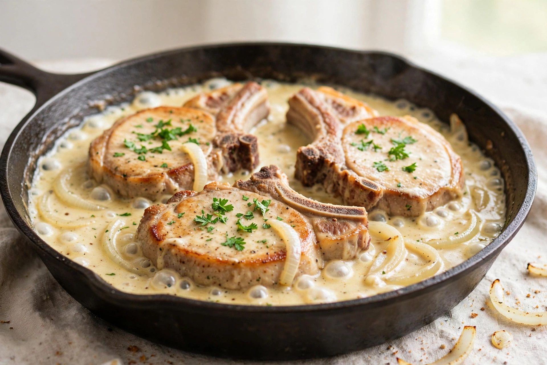 Pork chops nestled in bubbling creamy onion gravy in a skillet, ready to serve